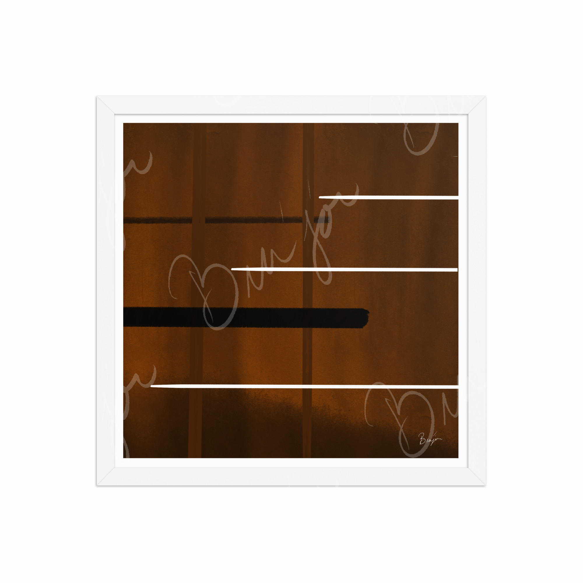 16x16 White Framed Abstract artwork titled Steps designed by the digital abstract artist Bra'jor. Artwork includes the colors Brown, Black, and White