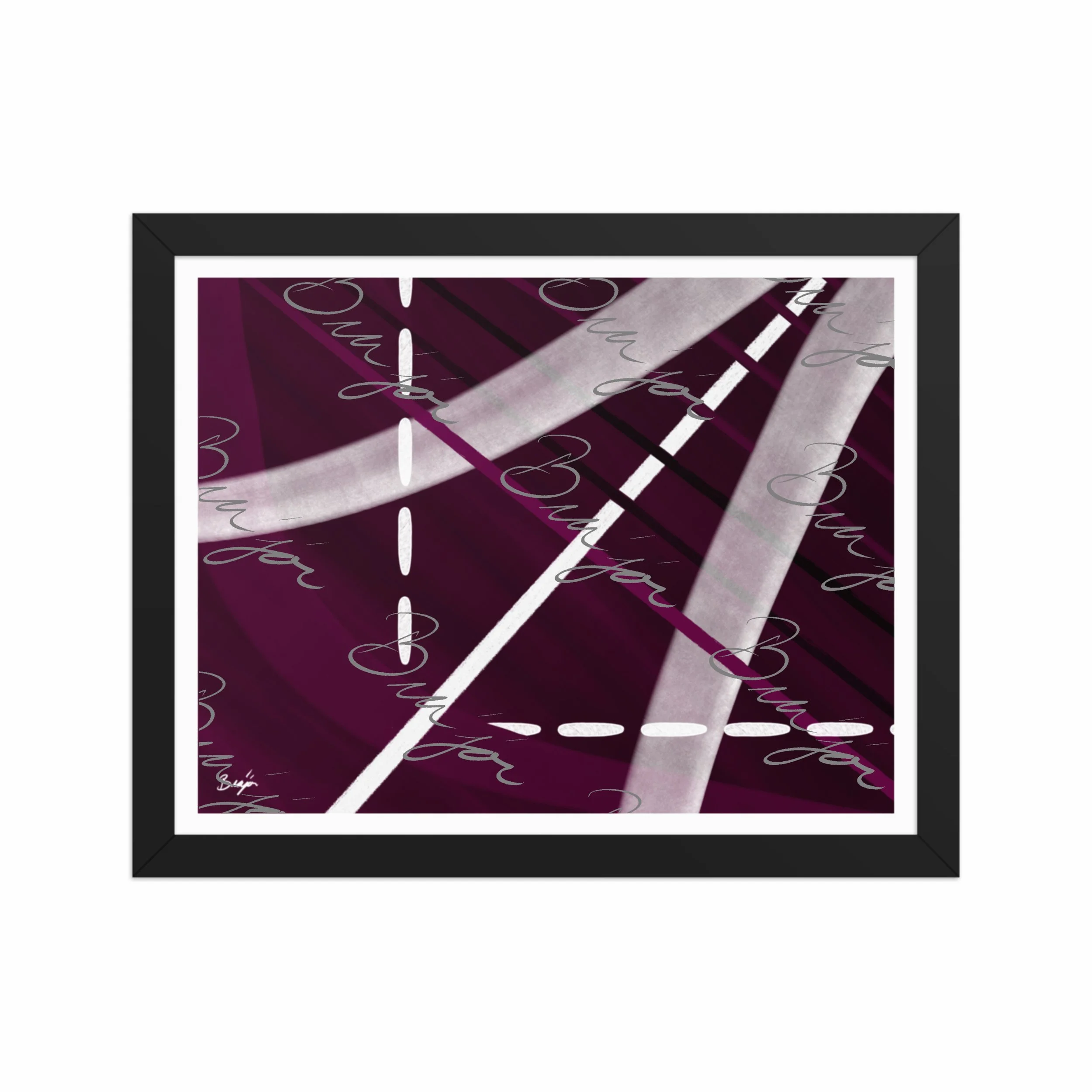 11x14 Black Framed abstract artwork titled Tuning designed by the digital abstract artist Bra'jor. Artwork includes the colors Purple, Black, Gray, and White