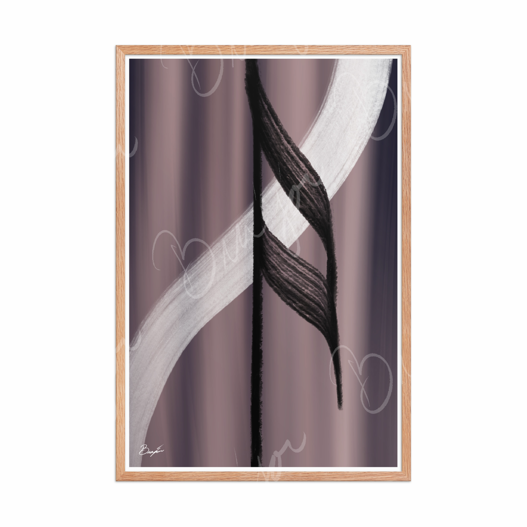 24x36 Red Oak Framed Abstract artwork titled A Beat designed by the digital abstract artist Bra'jor. Artwork includes the colors Black, White, Gray, violet, and Mauve