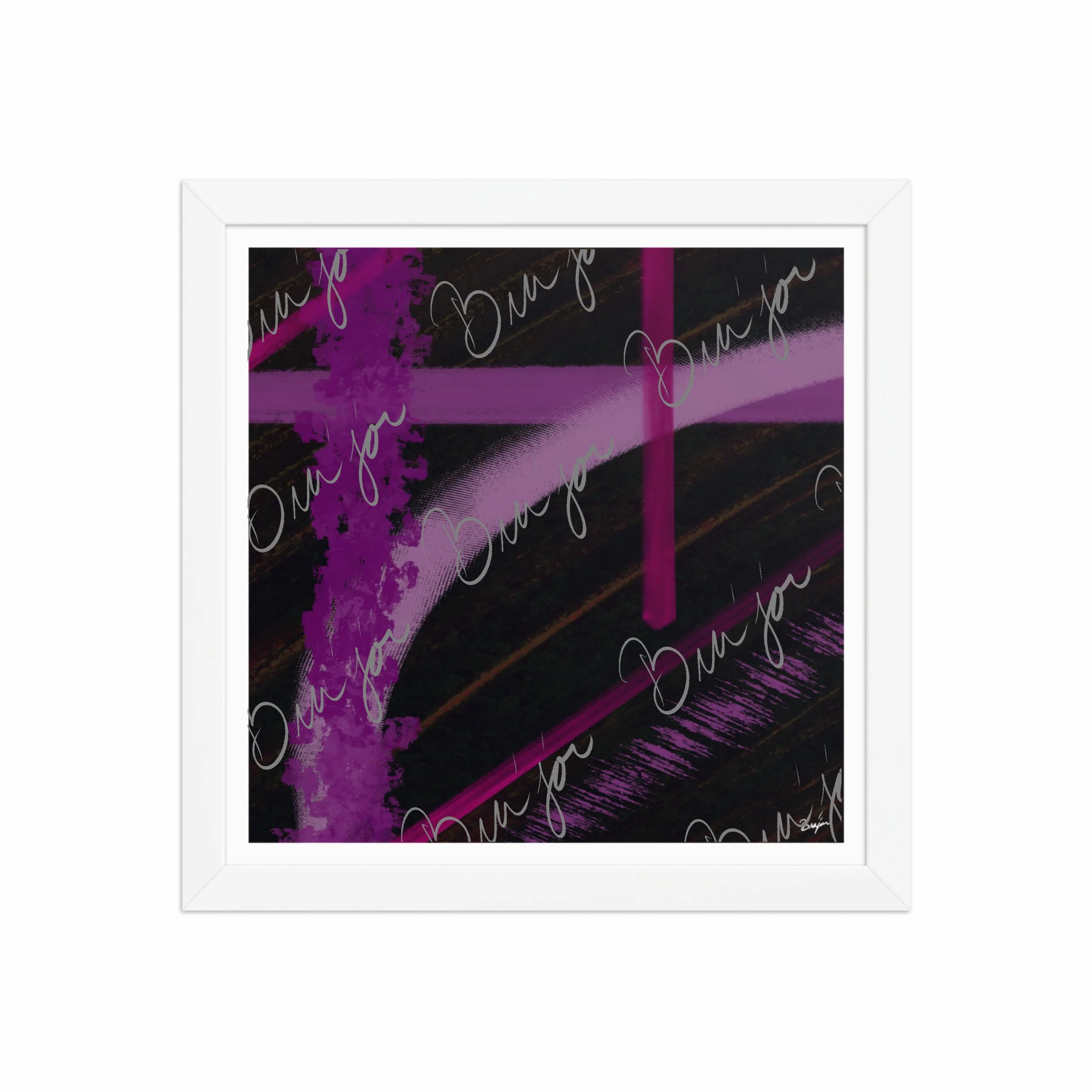 12x12 White Framed Abstract artwork titled Be Soft designed by the digital abstract artist Bra'jor. Artwork includes the colors Purple, Lavender, Pink, Orange, and Black