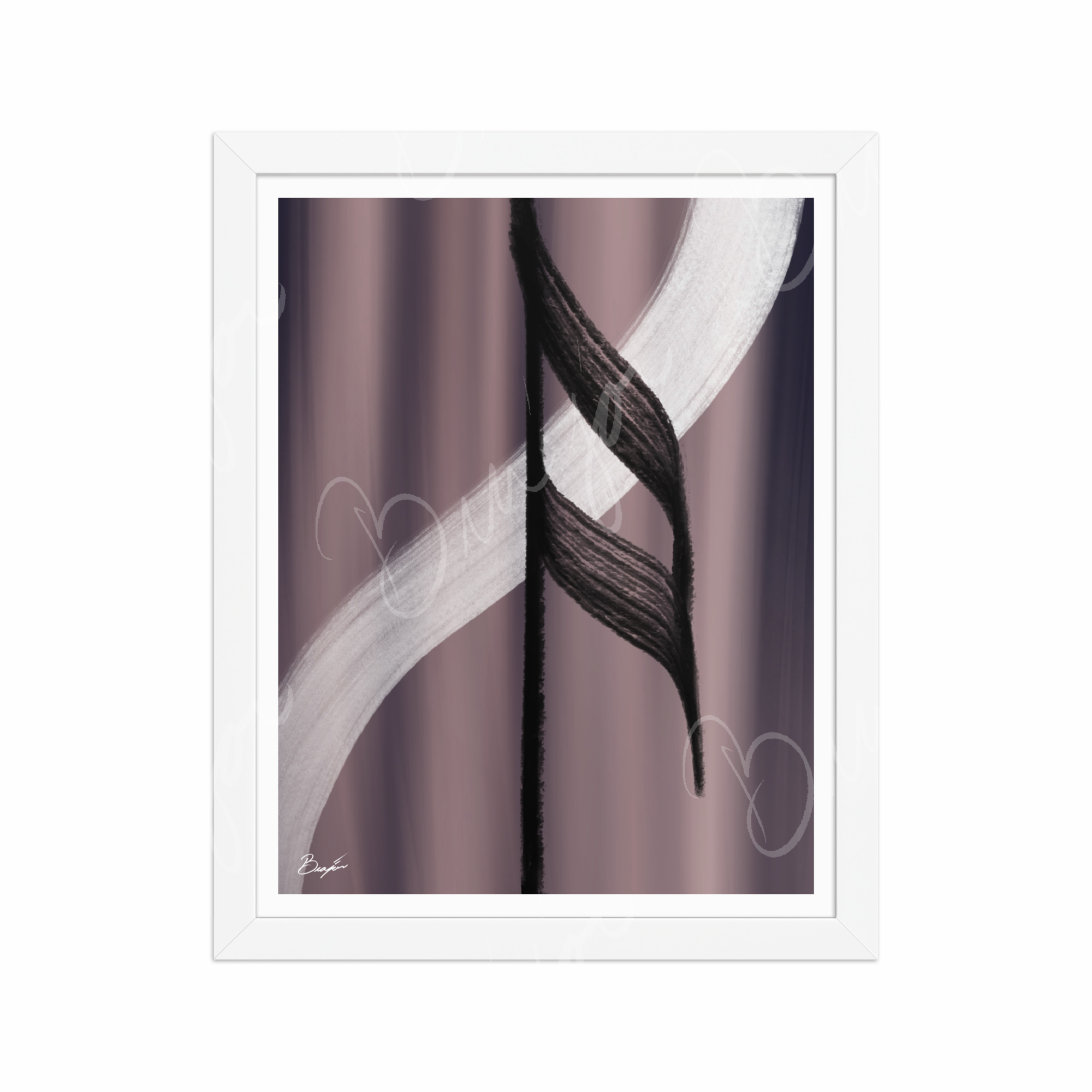 11x14 White Framed Abstract artwork titled A Beat designed by the digital abstract artist Bra'jor. Artwork includes the colors Black, White, Gray, violet, and Mauve