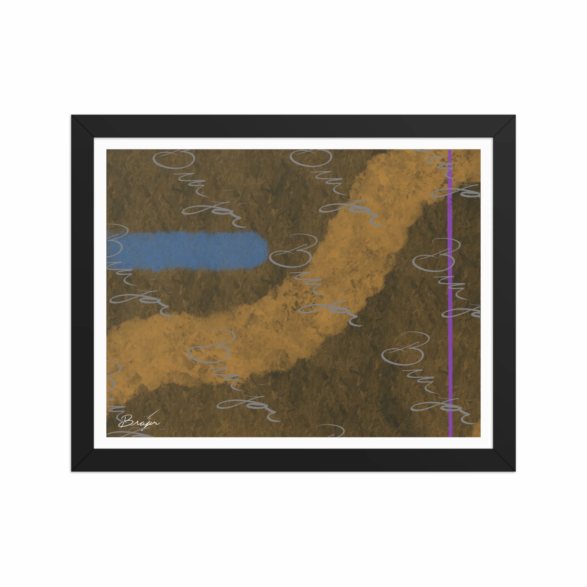 11x14 Black Framed abstract artwork titled Gentle designed by the digital abstract artist Bra'jor. Artwork includes the colors Blue, Brown, Tan, Dark Green, and Purple