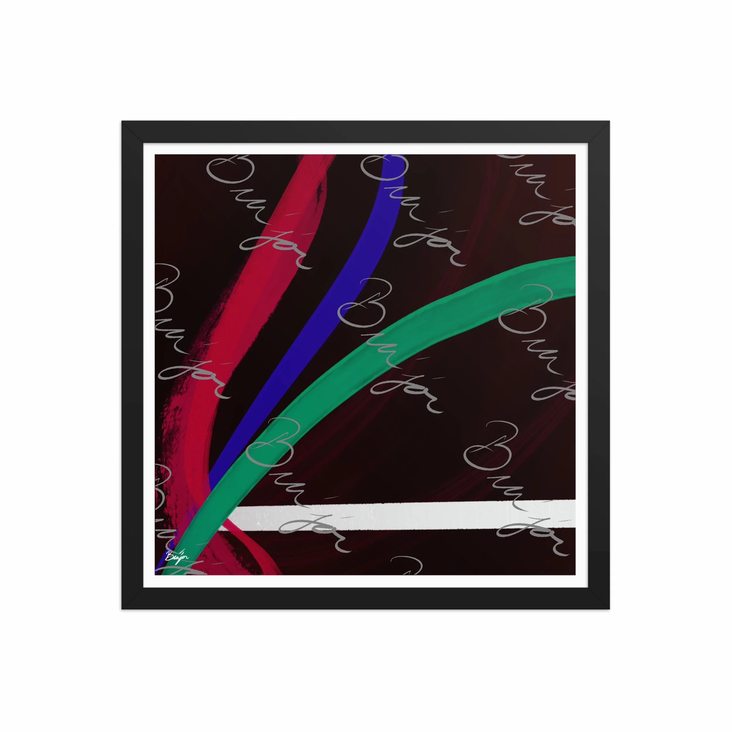 16x16 Black Framed Abstract artwork titled Journey designed by the digital abstract artist Bra'jor. Artwork includes the colors Red, White, Green, and Blue