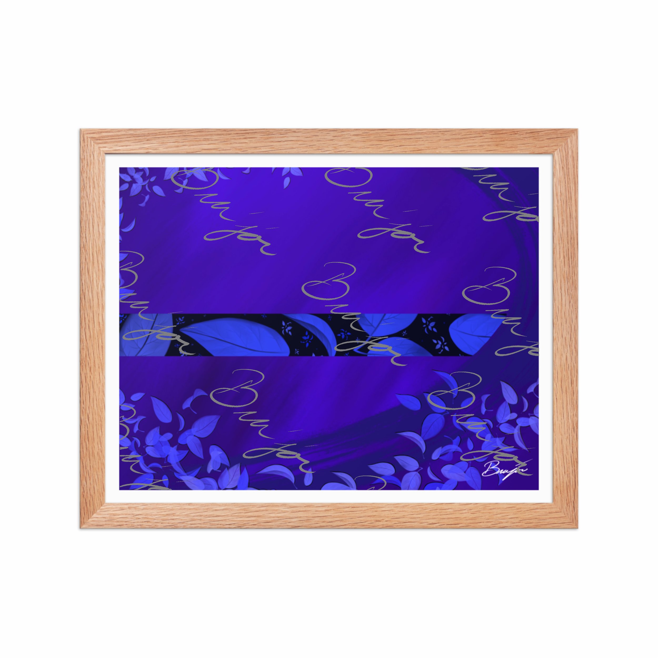 11x14 Red Oak Framed abstract artwork titled A Moment designed by the digital abstract artist Bra'jor. Artwork includes the colors Blue, Black, and Purple