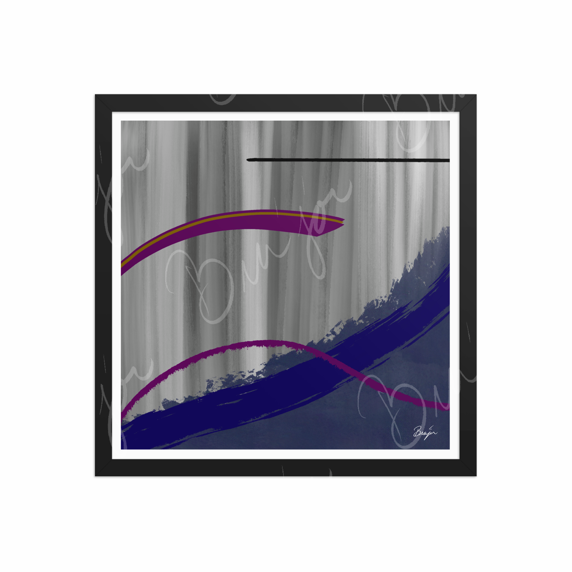 16x16 Black Framed Abstract artwork titled Reworking designed by the digital abstract artist Bra'jor. Artwork includes the colors Purple, Gray, Blue, Mustard Yellow, and Black