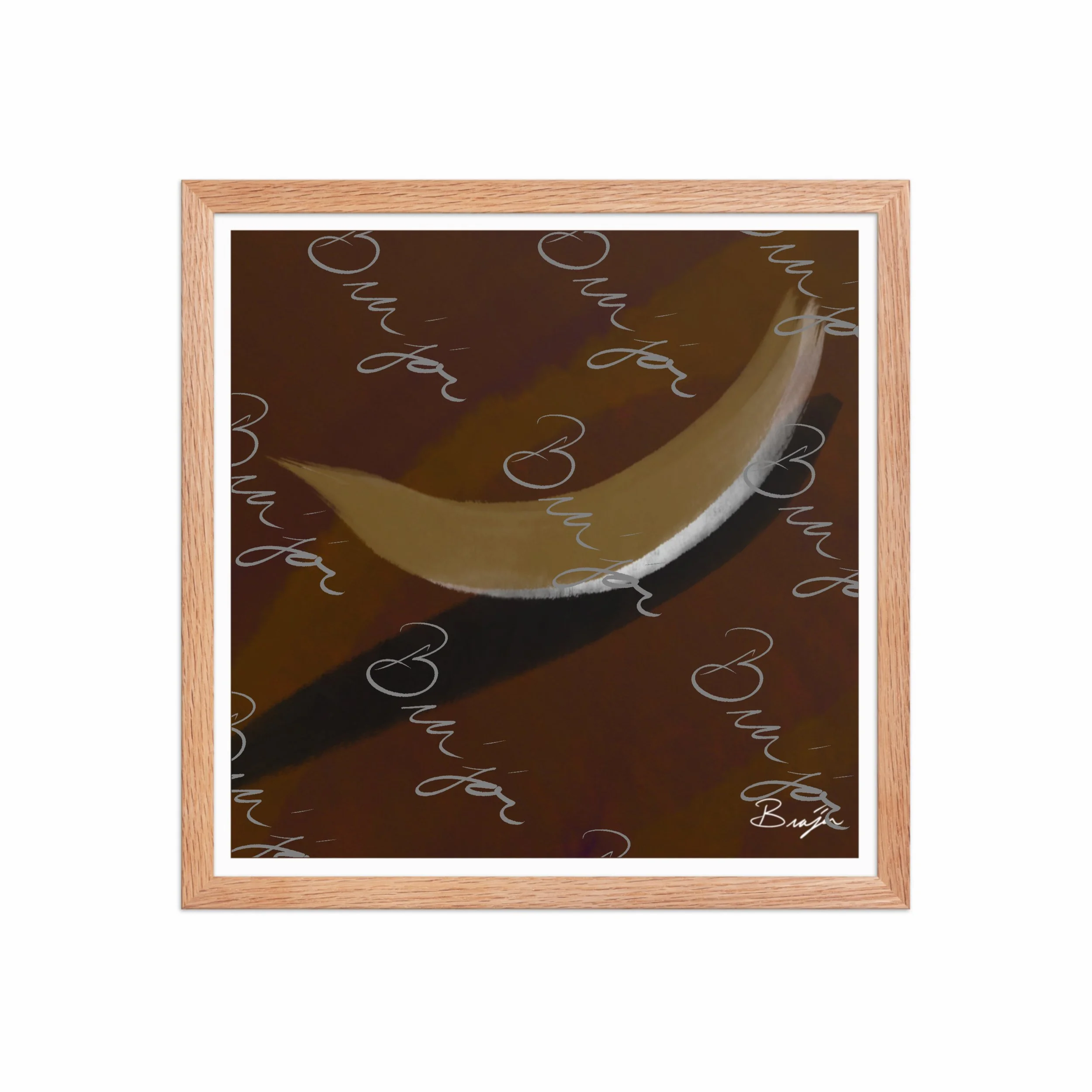 16x16 Red Oak Framed abstract artwork titled Always There designed by the digital abstract artist Bra'jor. Artwork includes the colors Brown, Tan, White, and Black with a Purple undertone