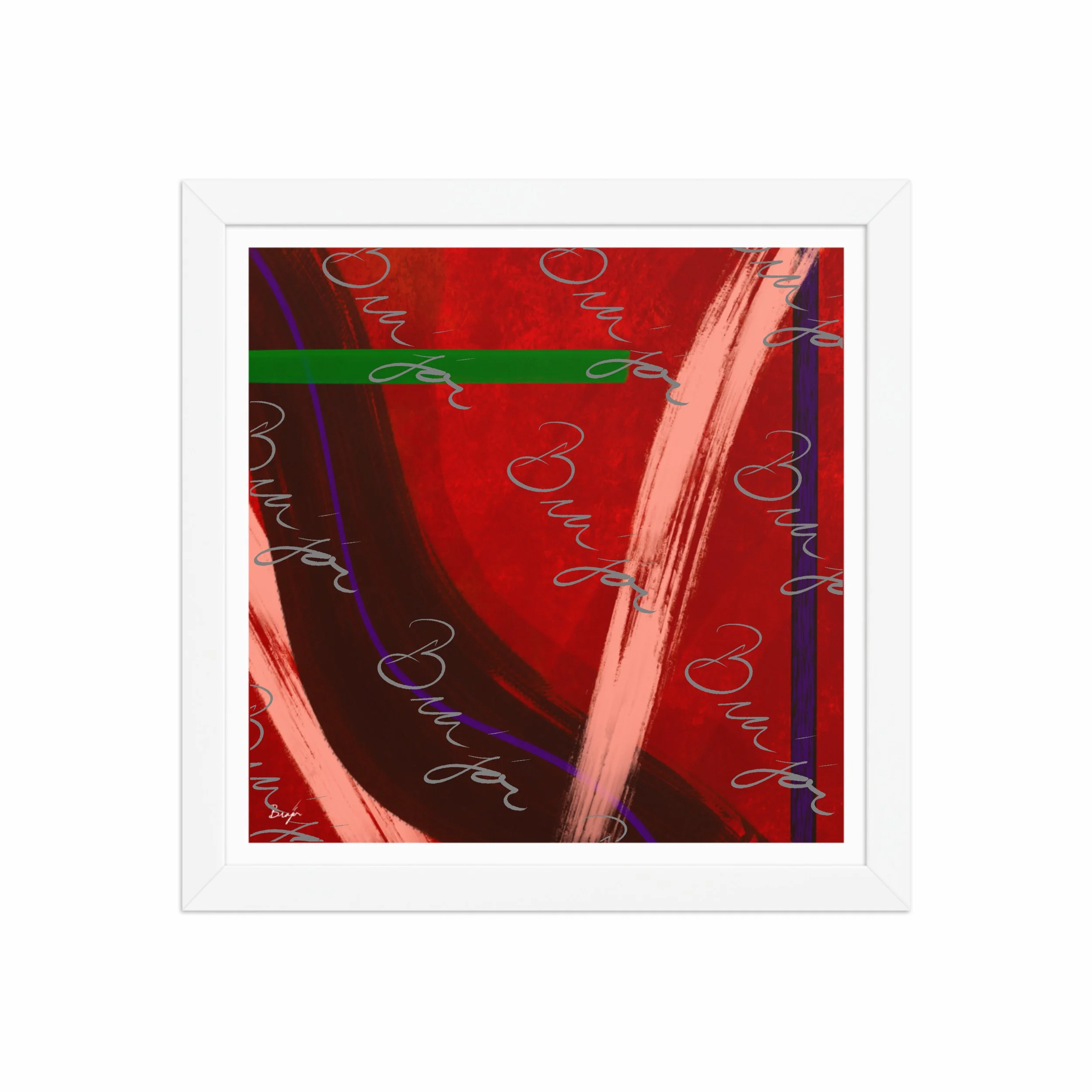 12x12 White Framed abstract artwork titled Feelings designed by the digital abstract artist Bra'jor. Artwork includes the colors Red, Orange, Purple, and Green