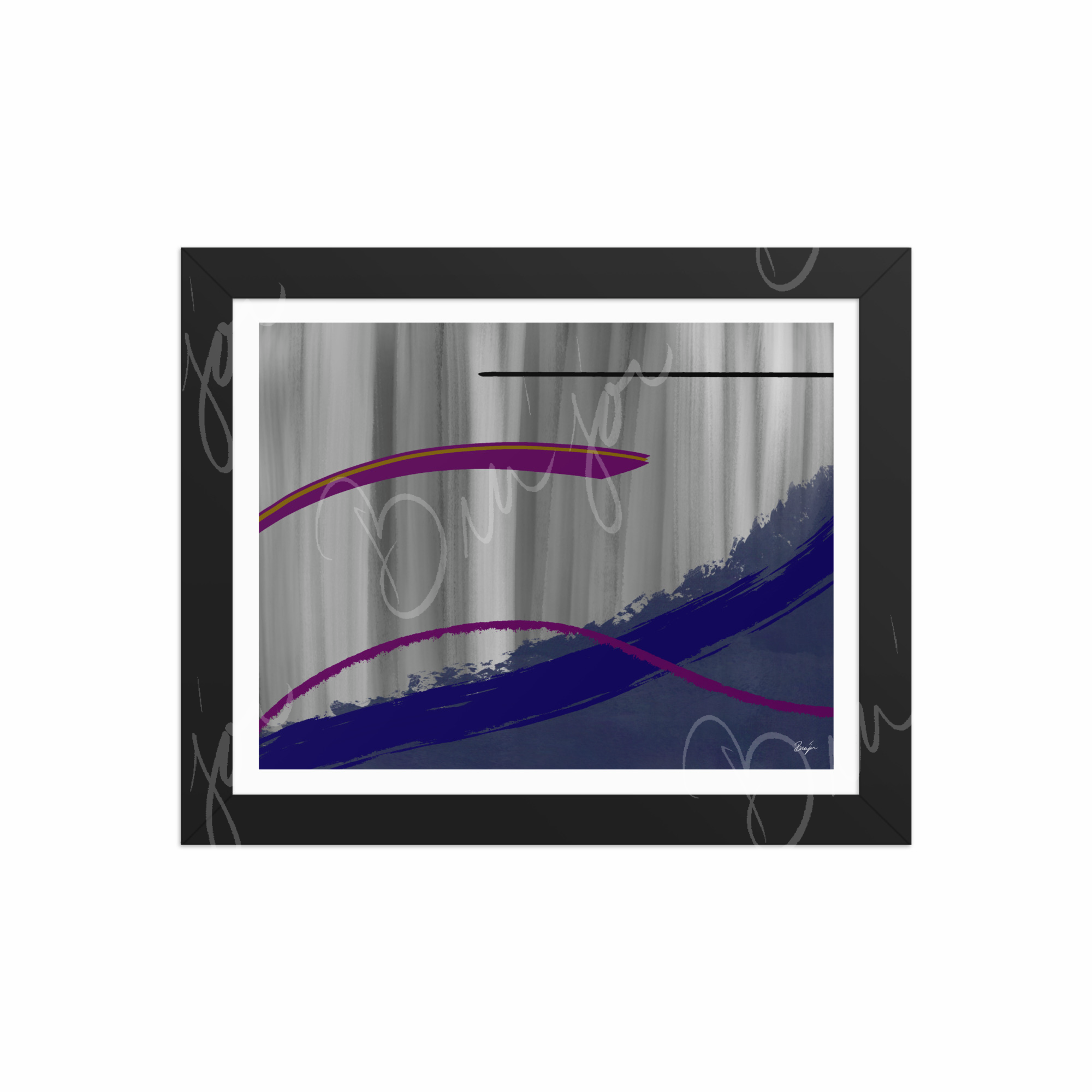 8x10 Black Framed Abstract artwork titled Reworking designed by the digital abstract artist Bra'jor. Artwork includes the colors Purple, Gray, Blue, Mustard Yellow, and Black