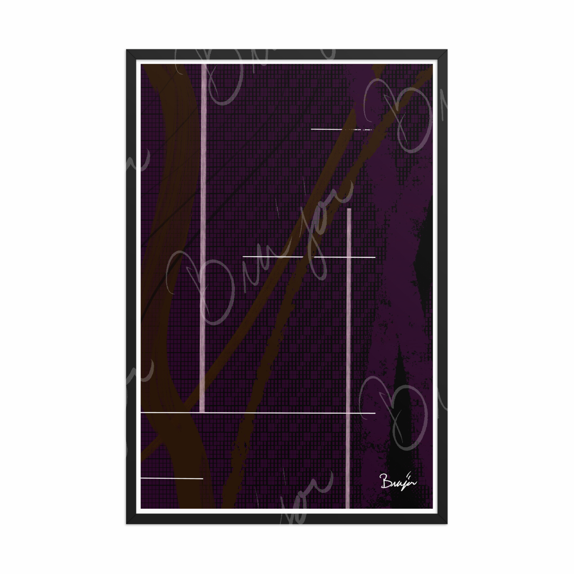 24x36 Black Framed Abstract artwork titled Out of the Box designed by the digital abstract artist Bra'jor. Artwork includes the colors Purple, Brown, Black, and White