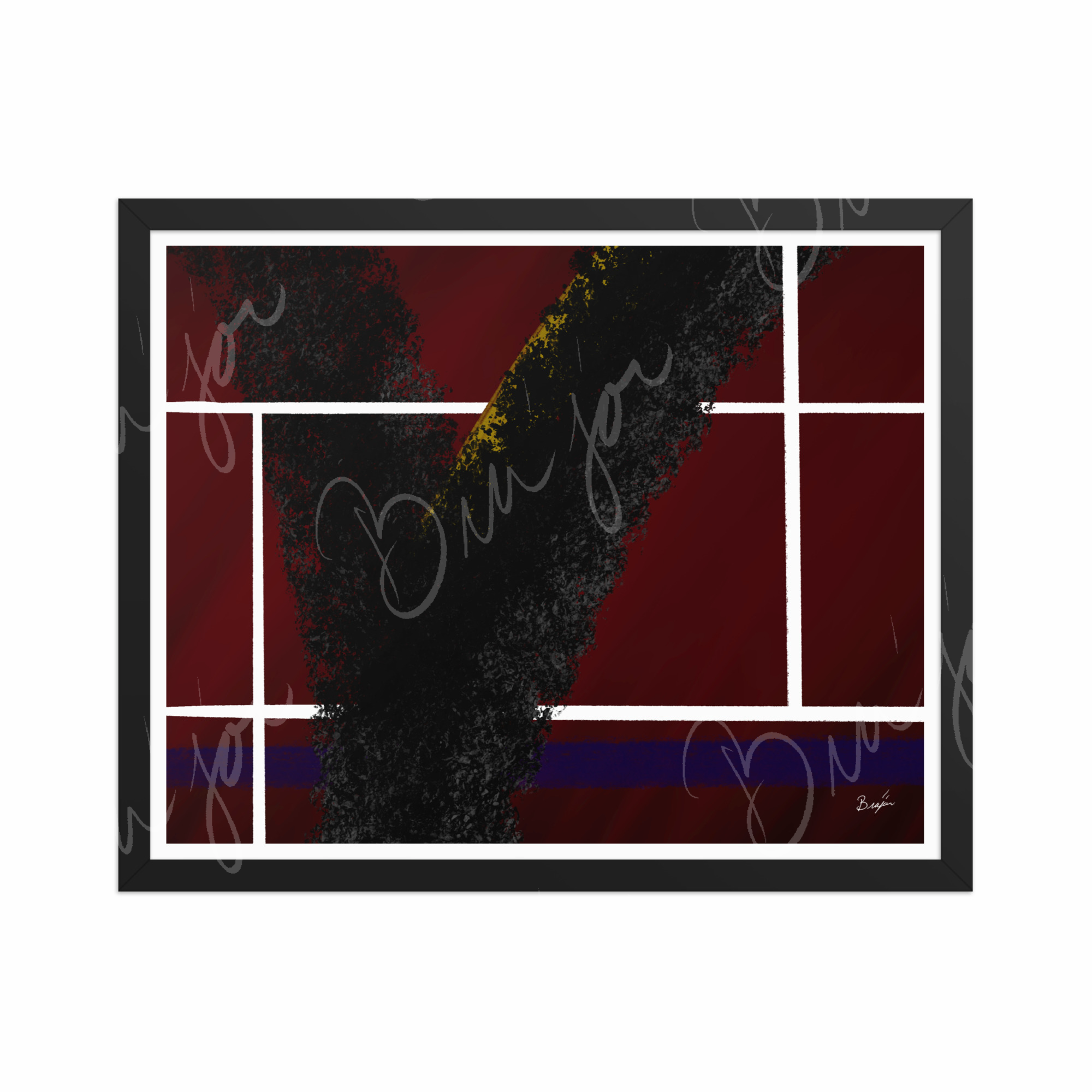 16x20 Black Framed Abstract artwork titled Step Out designed by the digital abstract artist Bra'jor. Artwork includes the colors Red, White, Black, Yellow, and Blue