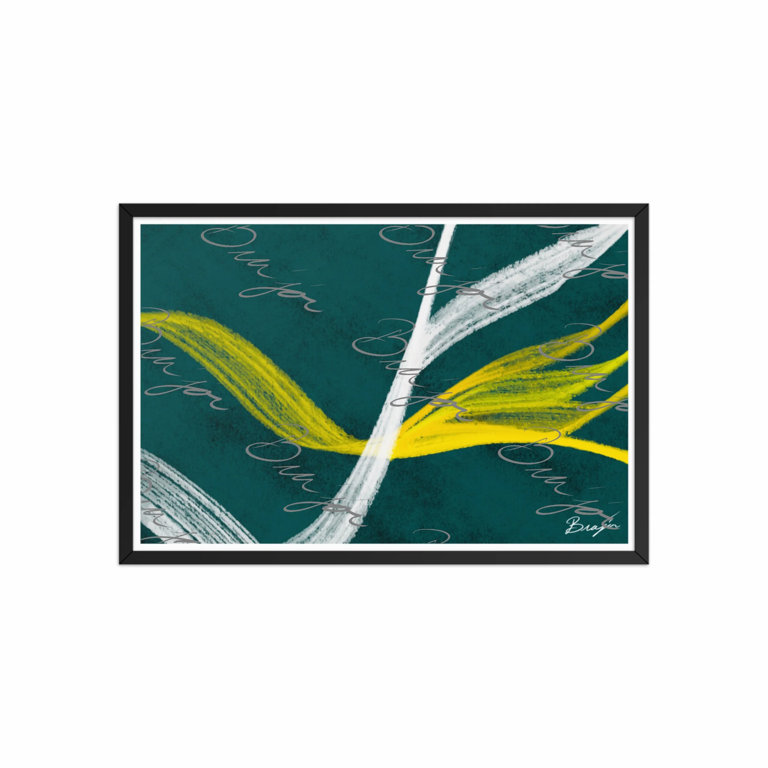 20x30 Black Framed abstract artwork titled Beginnings designed by the digital abstract artist Bra'jor. Artwork includes the colors Yellow, Green, White, and Black