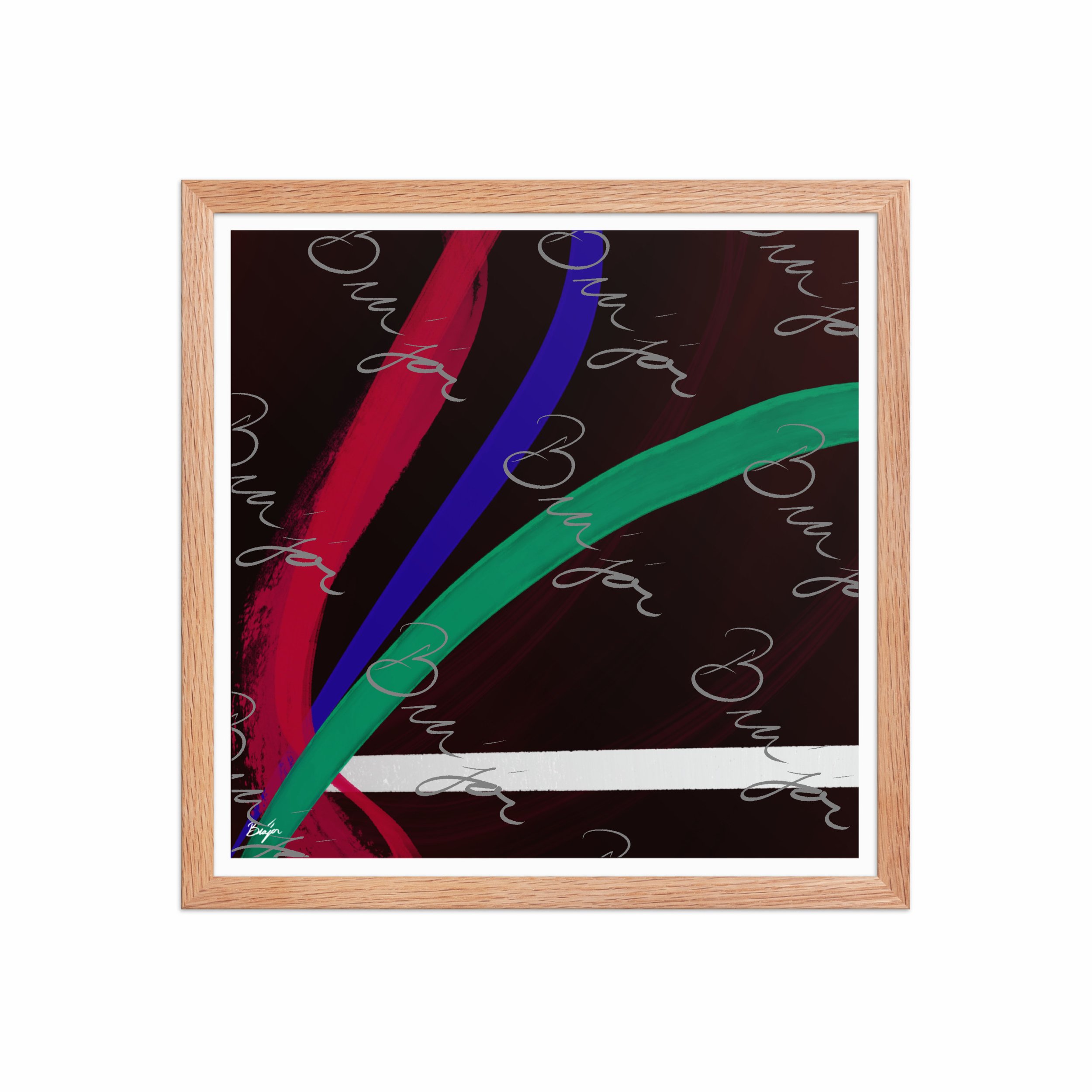 16x16 Red Oak Framed Abstract artwork titled Journey designed by the digital abstract artist Bra'jor. Artwork includes the colors Red, White, Green, and Blue