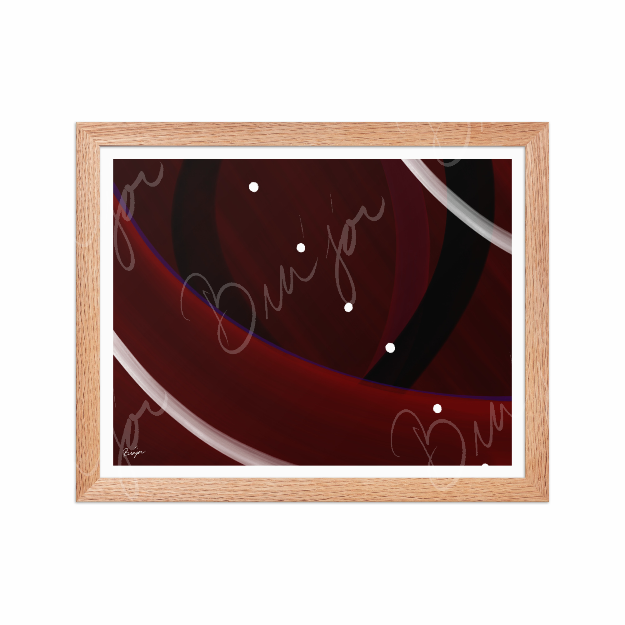 11x14 Red Oak Framed Abstract artwork titled Trail Back designed by the digital abstract artist Bra'jor. Artwork includes the colors Red, Black, Purple, and White