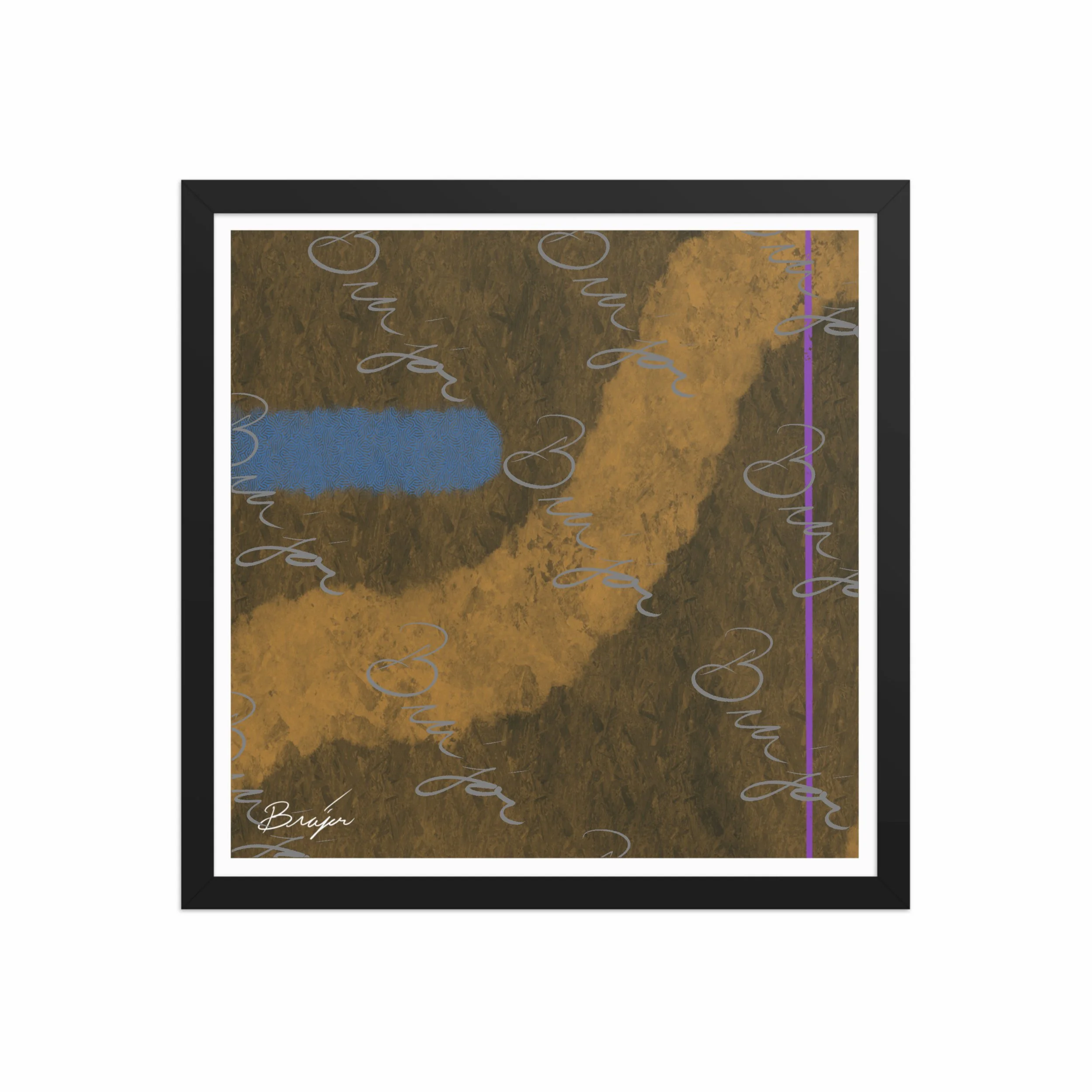 16x16 Black Framed abstract artwork titled Gentle designed by the digital abstract artist Bra'jor. Artwork includes the colors Blue, Brown, Tan, Dark Green, and Purple