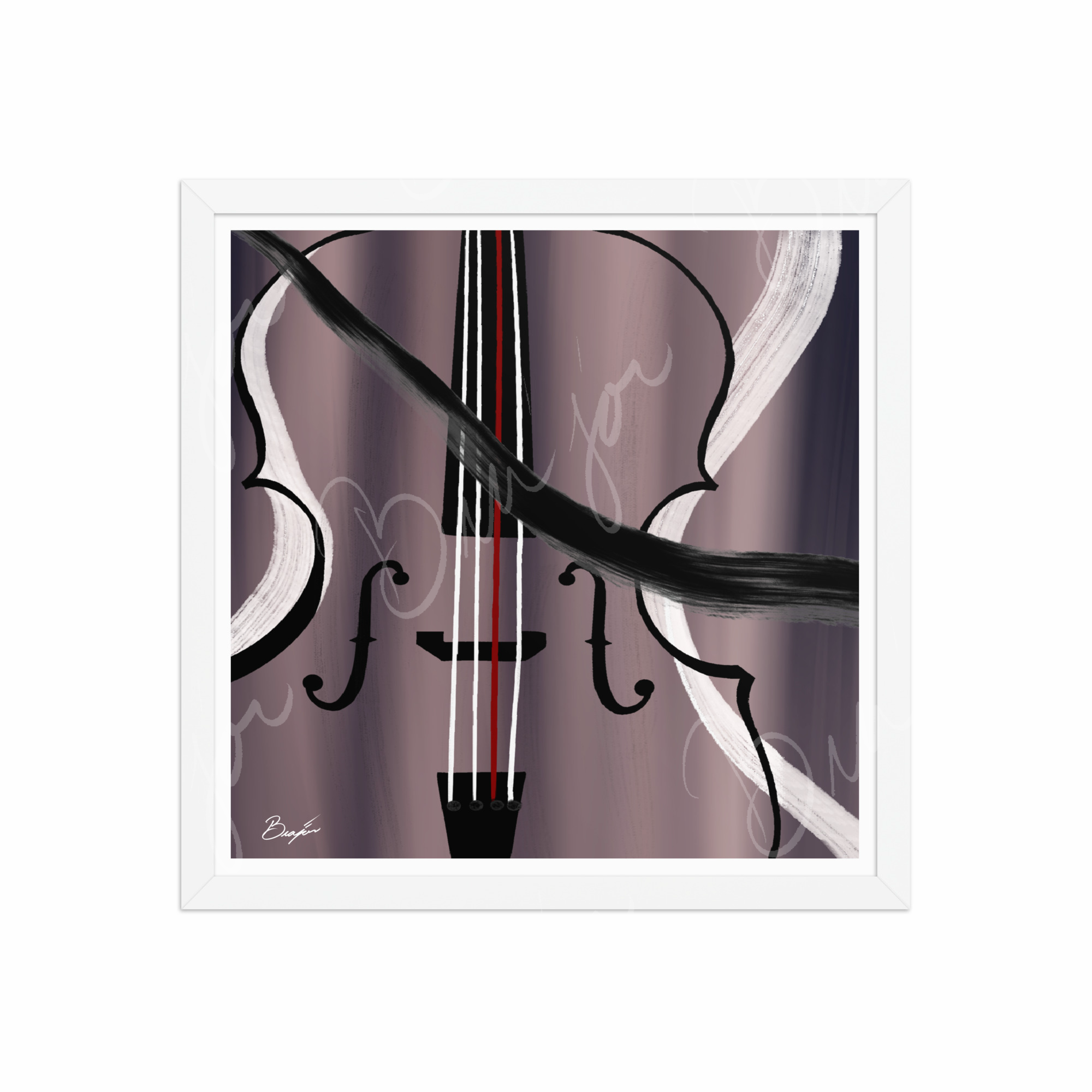16x16 White Framed Abstract artwork titled First Love designed by the digital abstract artist Bra'jor. Artwork includes the colors Black, White, Gray, violet, Mauve, and Red