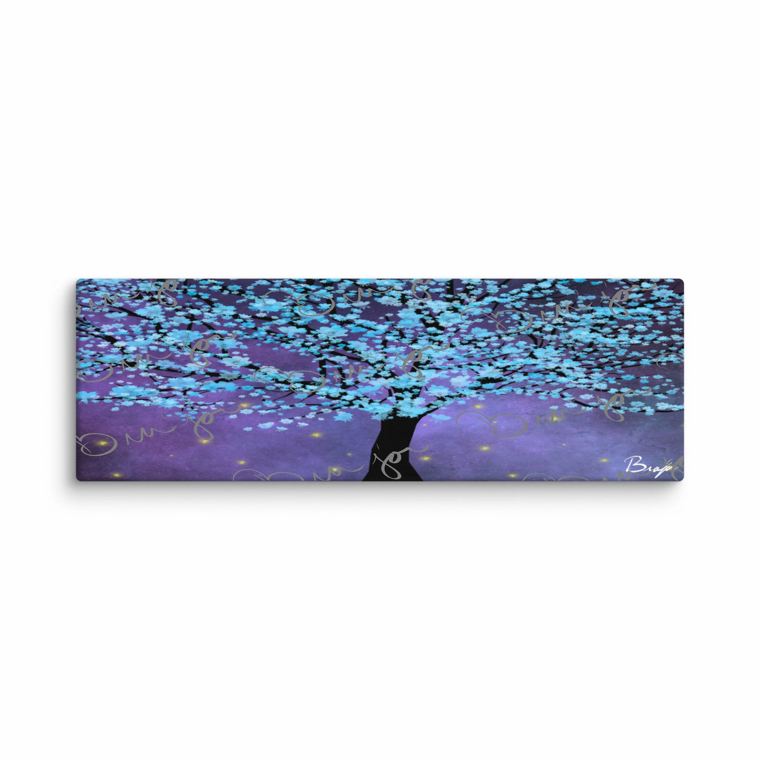 12x36 Abstract canvas artwork titled Midnight Bloom designed by the digital abstract artist Bra'jor. Artwork includes the colors Baby Blue, Blue, Black, Yellow, and White