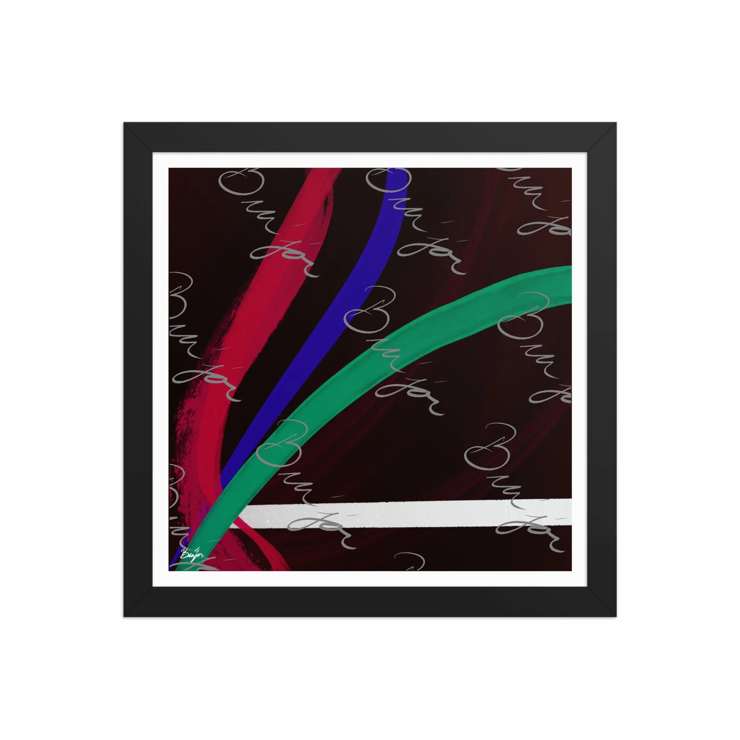 12x12 Black Framed Abstract artwork titled Journey designed by the digital abstract artist Bra'jor. Artwork includes the colors Red, White, Green, and Blue