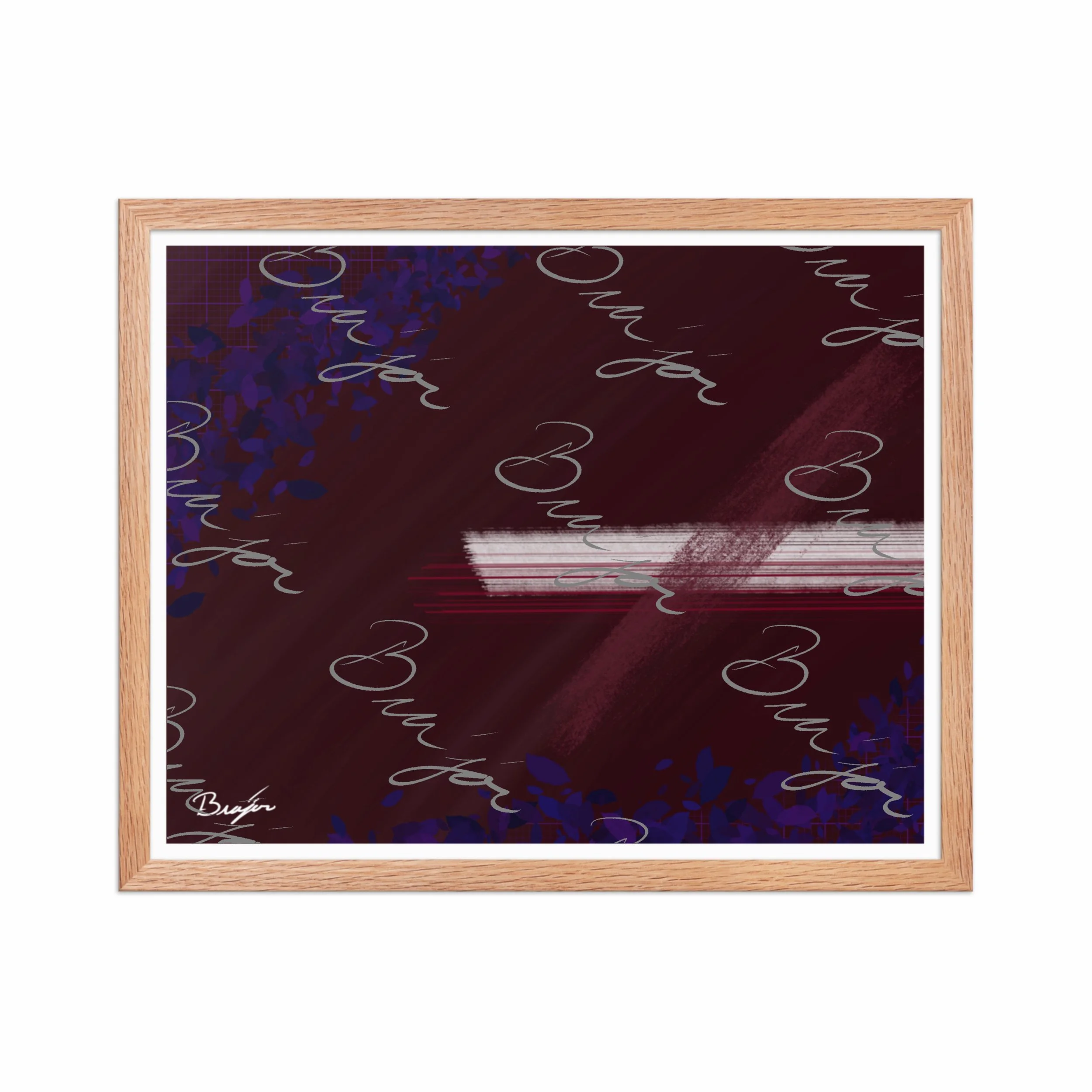 16x20 Red Oak framed abstract artwork titled Guarded designed by the digital abstract artist Bra'jor. Artwork includes the colors Maroon, Black, Blue, and White