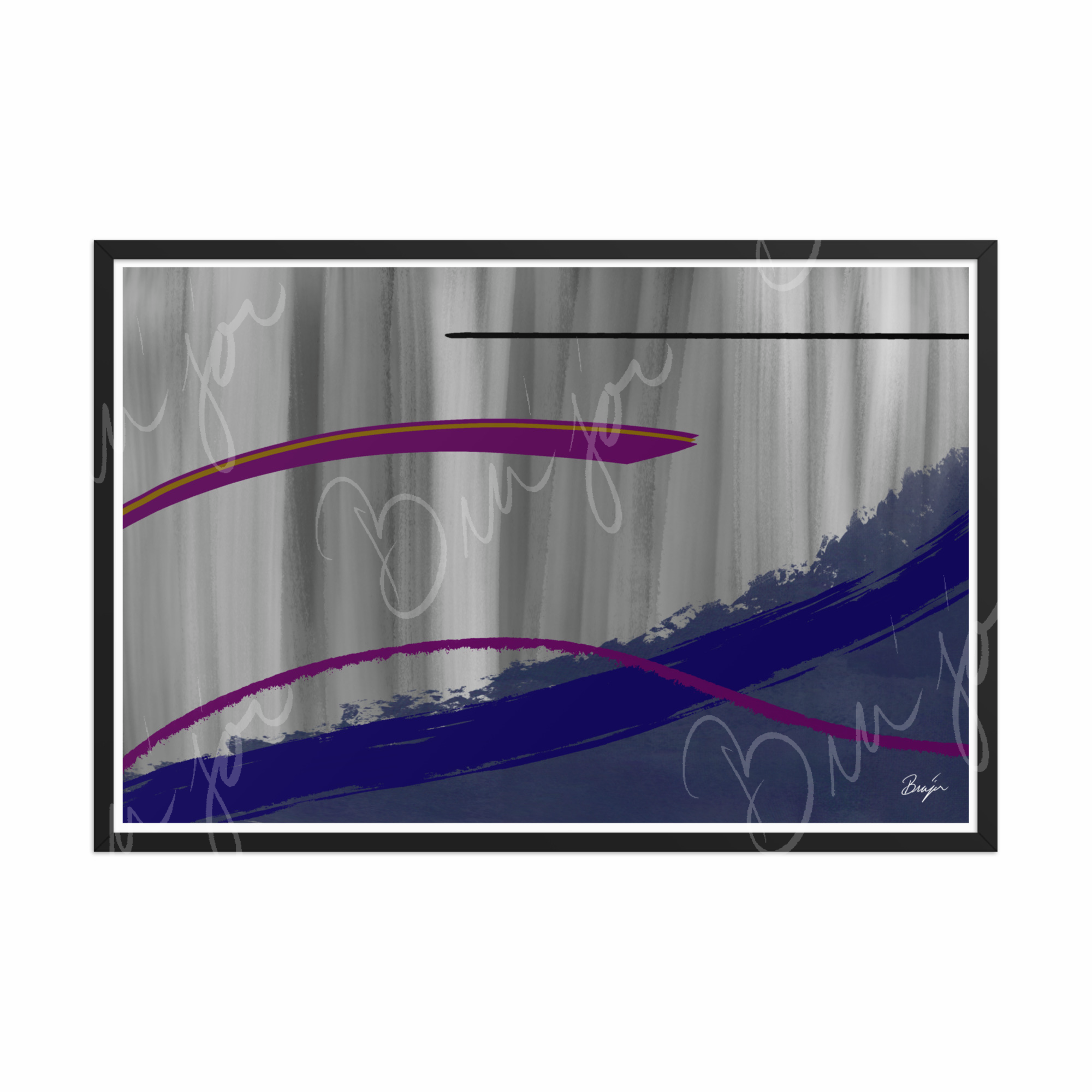 24x36 Black Framed Abstract artwork titled Reworking designed by the digital abstract artist Bra'jor. Artwork includes the colors Purple, Gray, Blue, Mustard Yellow, and Black