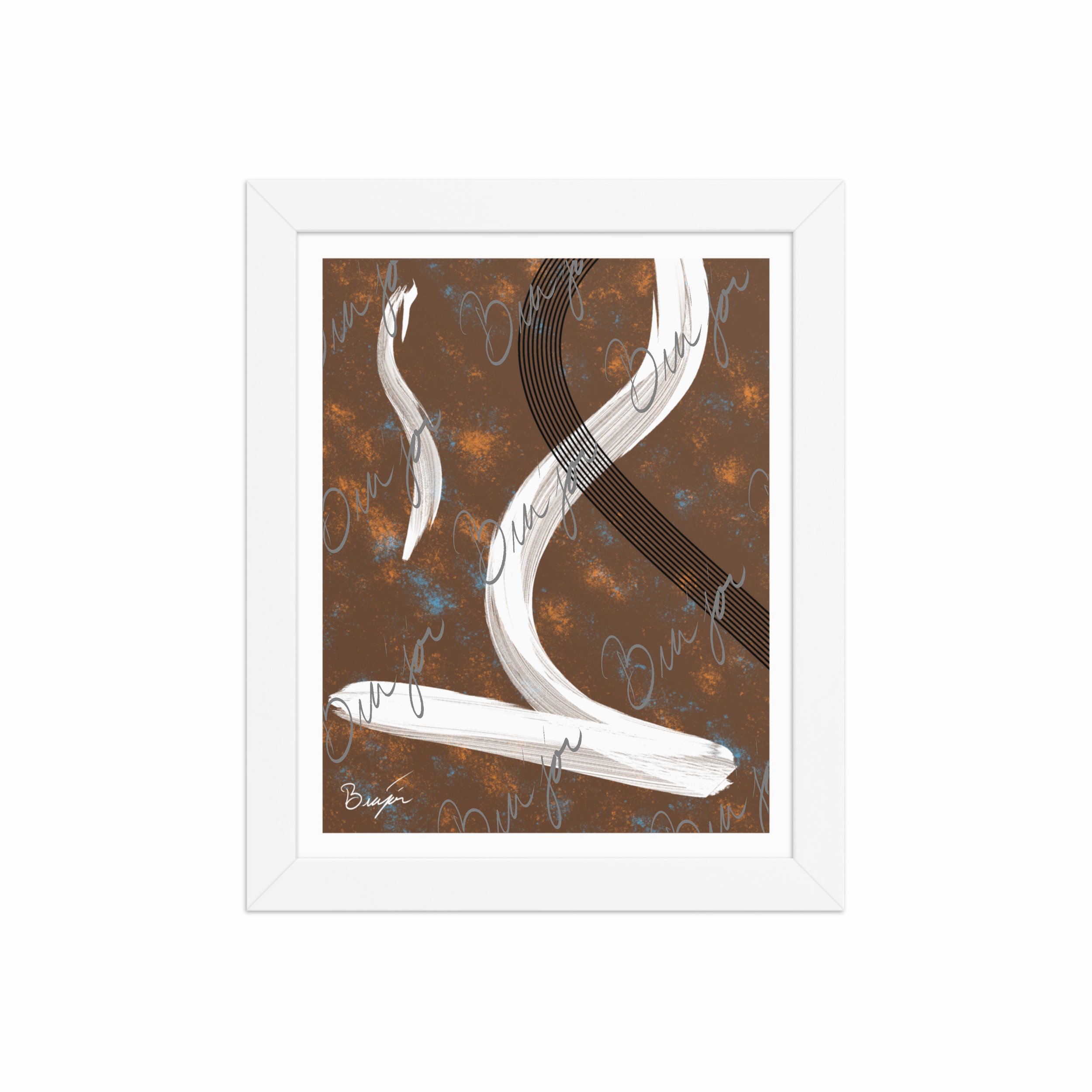 8x10 White Framed abstract artwork titled My Heart designed by the digital abstract artist Bra'jor. Artwork includes the colors Brown, Orange, Blue, White, and Black