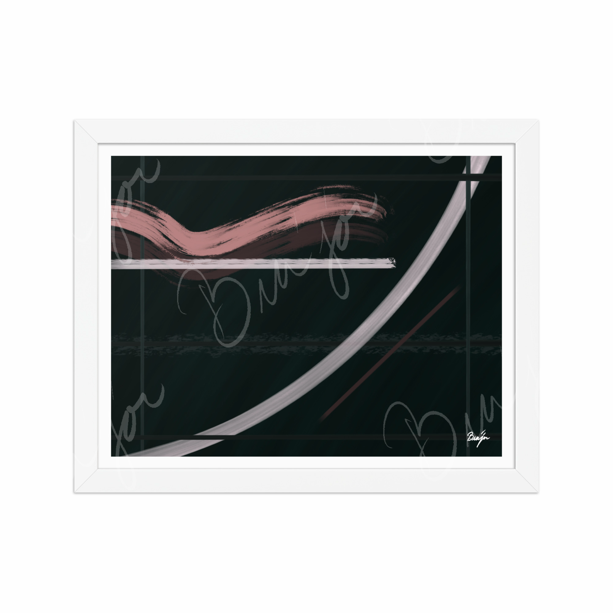 11x14 White Framed Abstract artwork titled Together designed by the digital abstract artist Bra'jor. Artwork includes the colors Brown, Pink, Green, and White