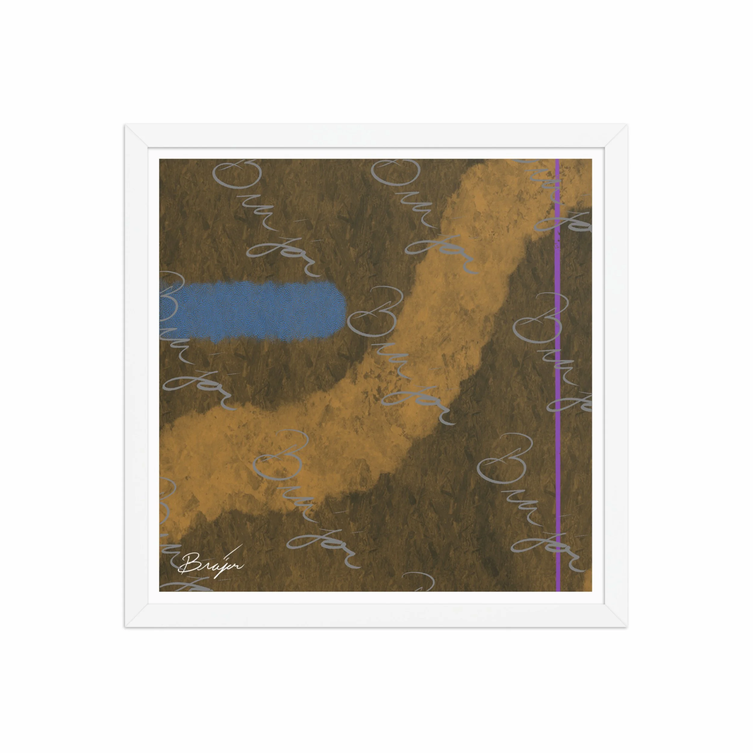 16x16 White Framed abstract artwork titled Gentle designed by the digital abstract artist Bra'jor. Artwork includes the colors Blue, Brown, Tan, Dark Green, and Purple