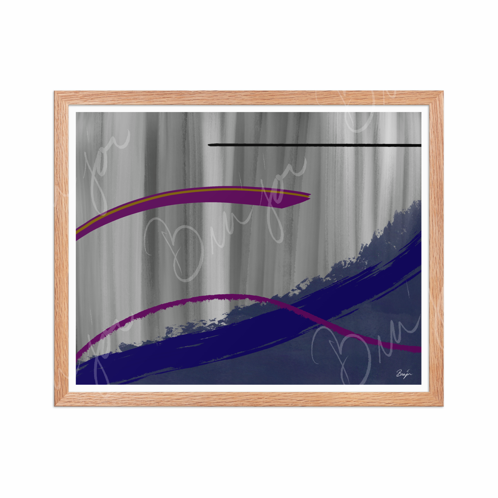 16x20 Red Oak Framed Abstract artwork titled Reworking designed by the digital abstract artist Bra'jor. Artwork includes the colors Purple, Gray, Blue, Mustard Yellow, and Black