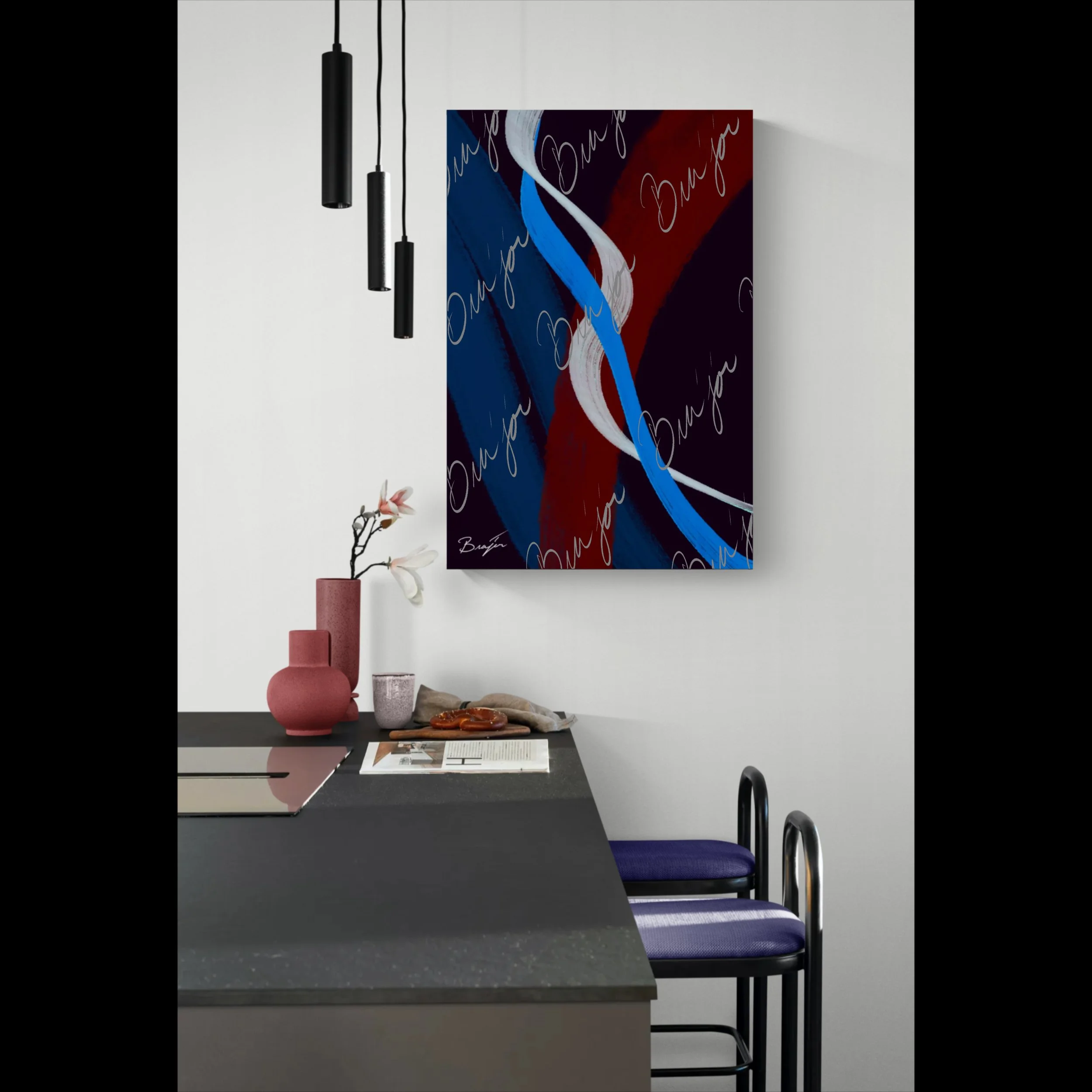 Canvas abstract artwork titled Roads Ahead designed by the digital abstract artist Bra'jor. Artwork includes the colors Blue, Red, White, and Purple