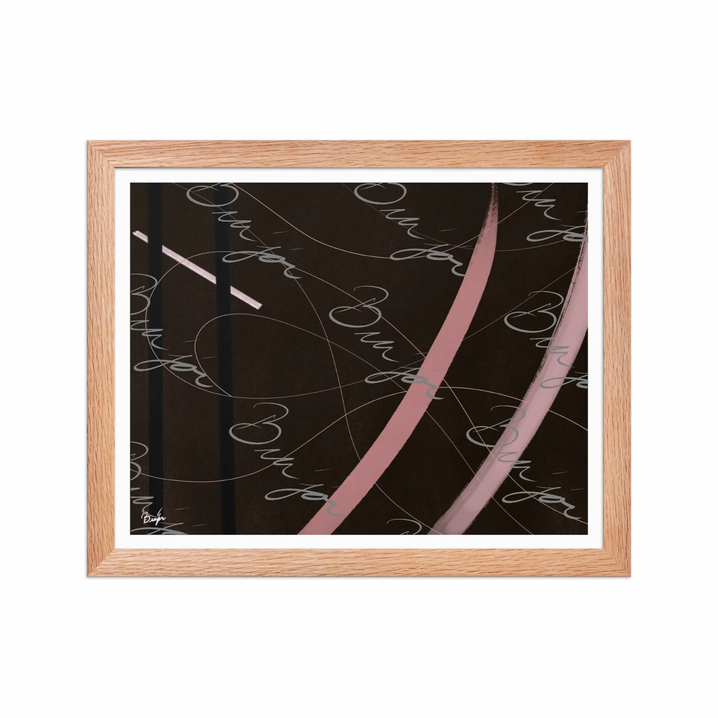 11x14 Red Oak Framed abstract artwork titled Beholder designed by the digital abstract artist Bra'jor. Artwork includes the colors Brown, Pink, Black, and White