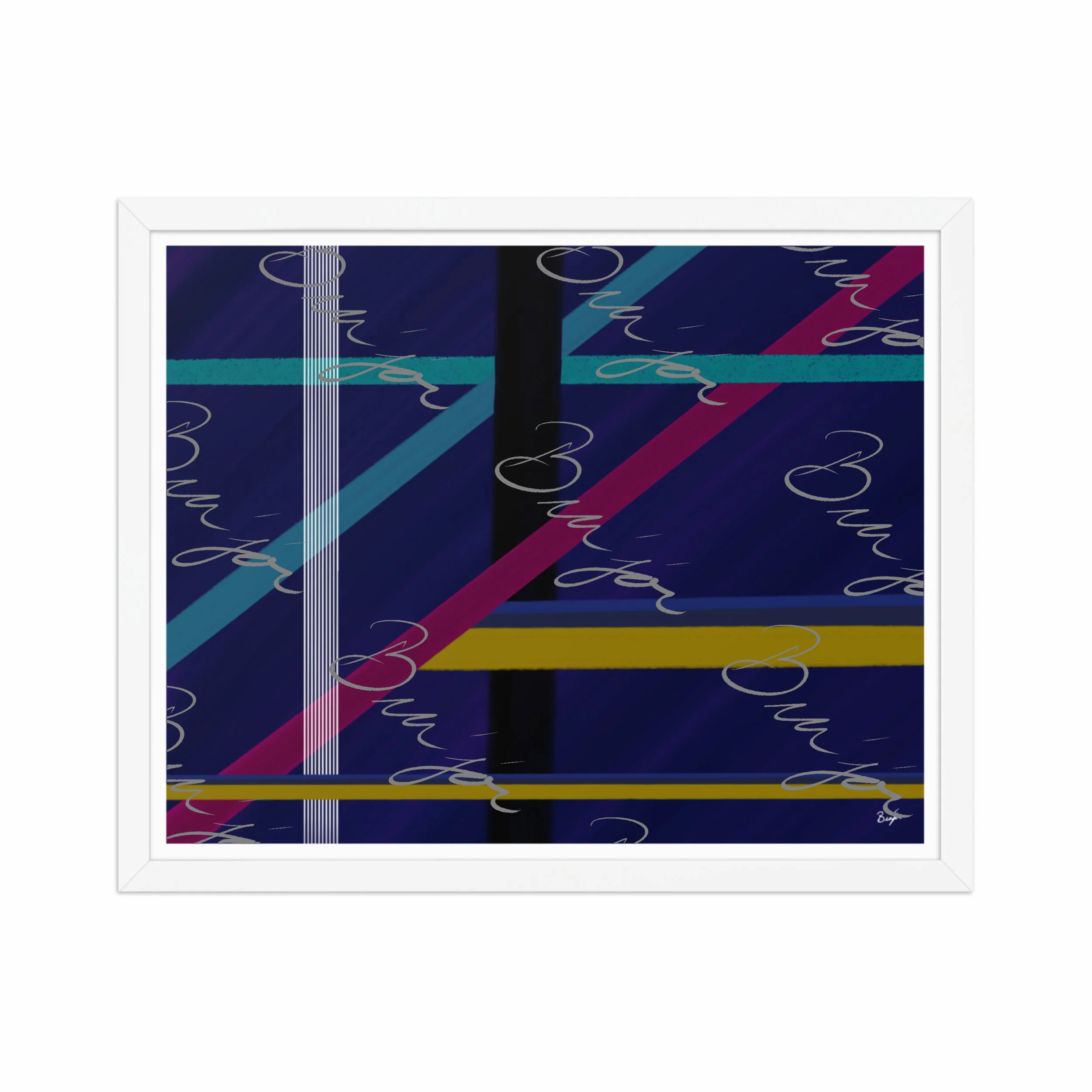 16x20 White Framed Abstract artwork titled Destinations designed by the digital abstract artist Bra'jor. Artwork includes the colors Black, Blue, Yellow, Pink, and White