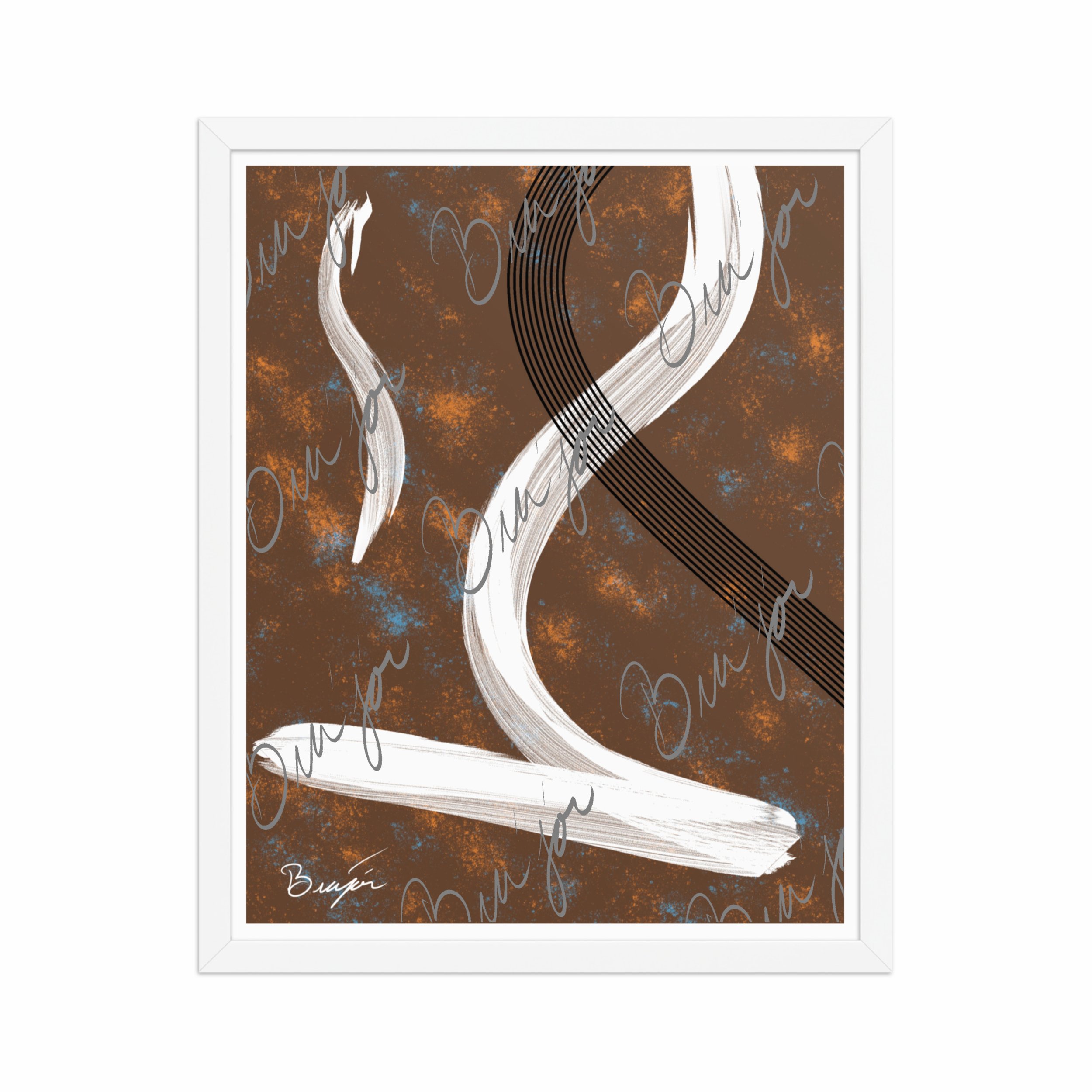 16x20 White Framed abstract artwork titled My Heart designed by the digital abstract artist Bra'jor. Artwork includes the colors Brown, Orange, Blue, White, and Black