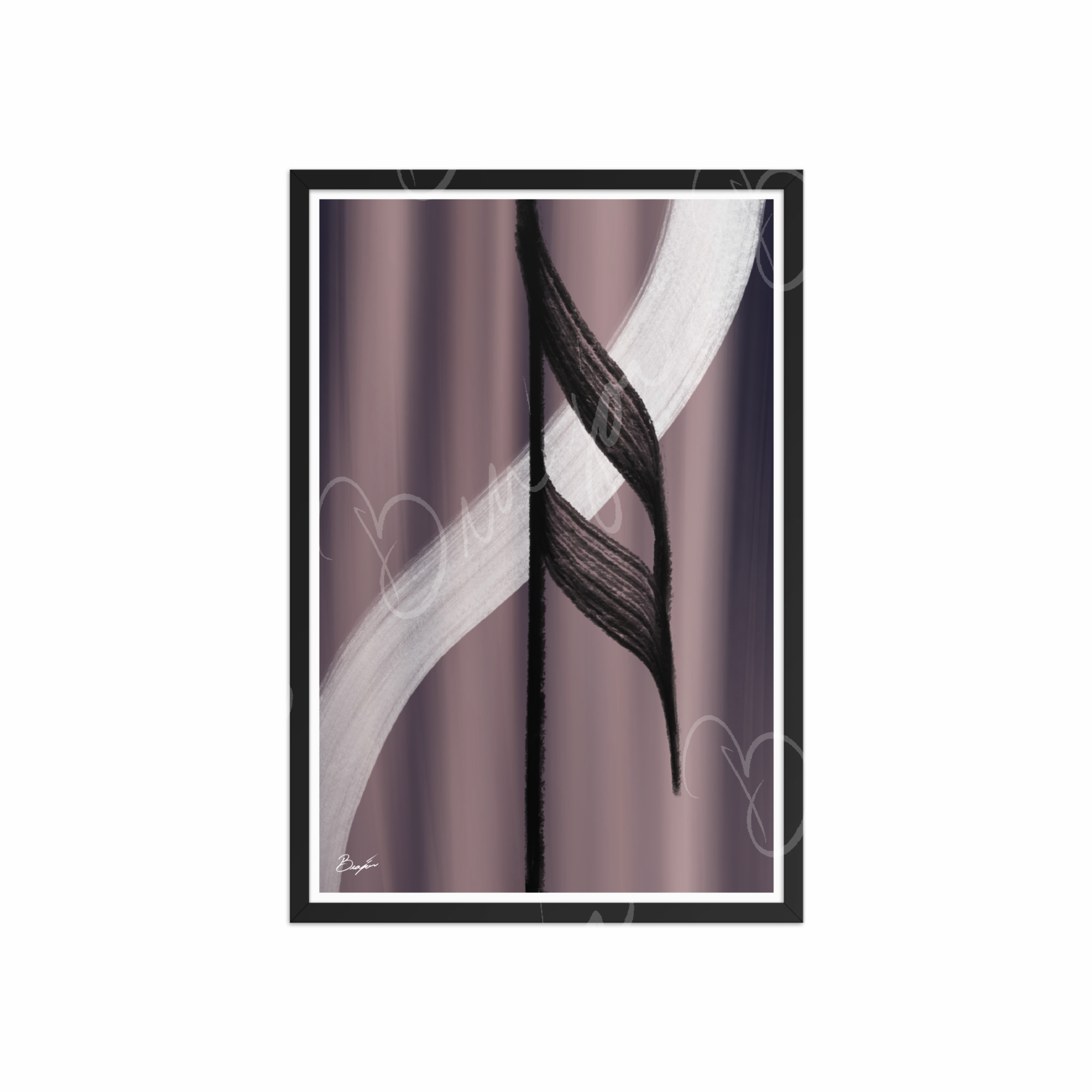 20x30 Black Framed Abstract artwork titled A Beat designed by the digital abstract artist Bra'jor. Artwork includes the colors Black, White, Gray, violet, and Mauve
