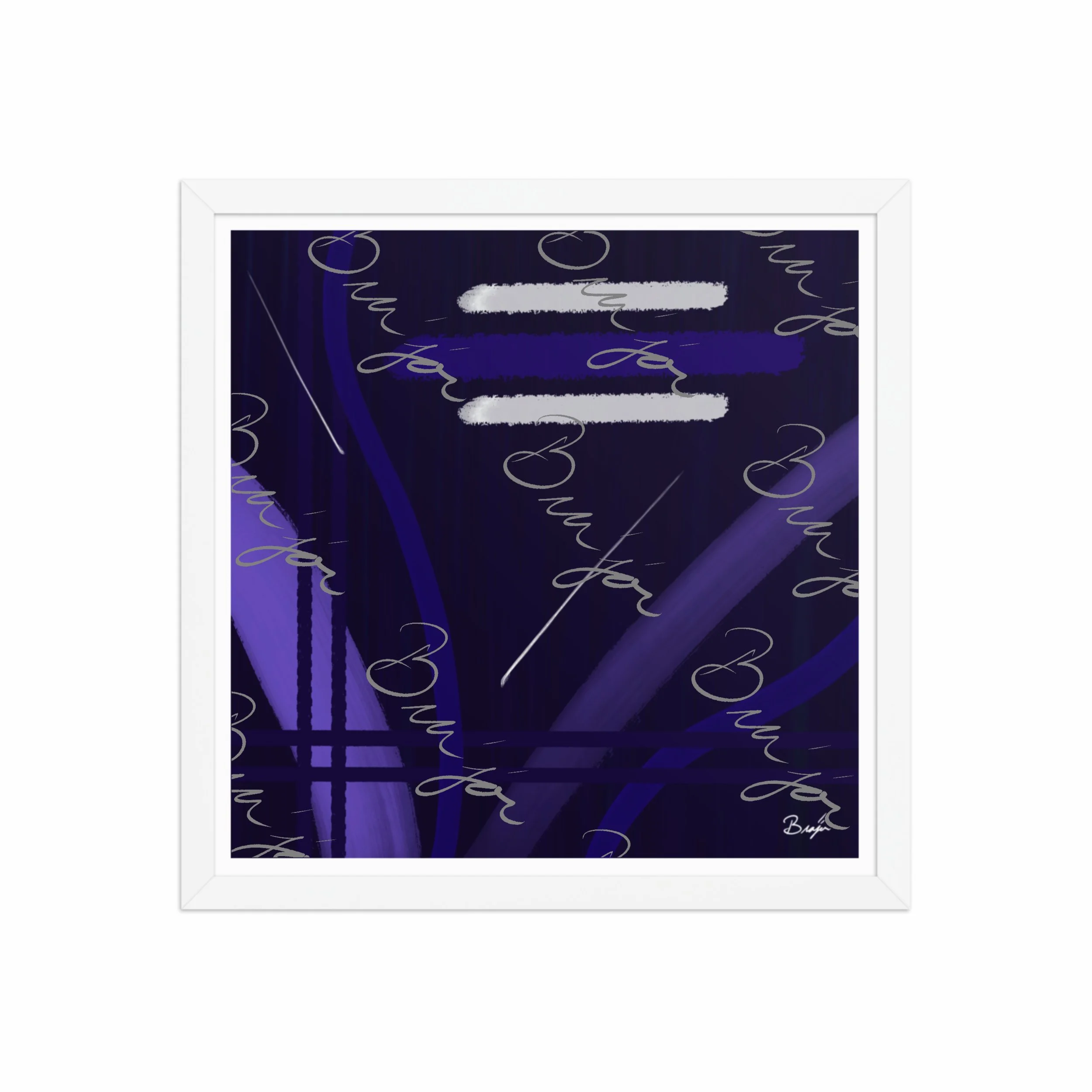 16x16 White Framed Abstract artwork titled Beneath designed by the digital abstract artist Bra'jor. Artwork includes the colors Blue, White, Purple, and Navy