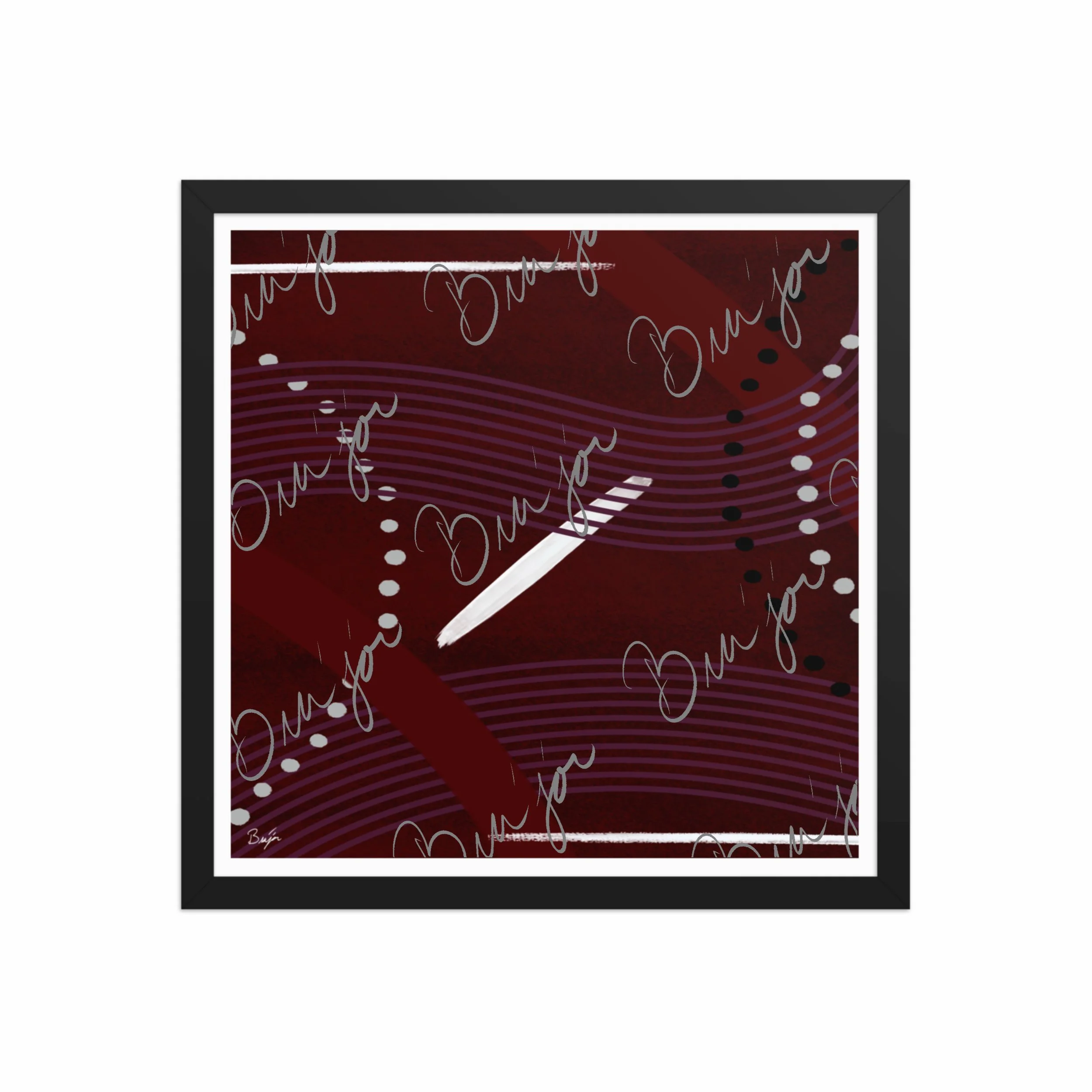 16x16 Black Framed Abstract artwork titled Memories designed by the digital abstract artist Bra'jor. Artwork includes the colors Black, White, Maroon, Purple, and Gray