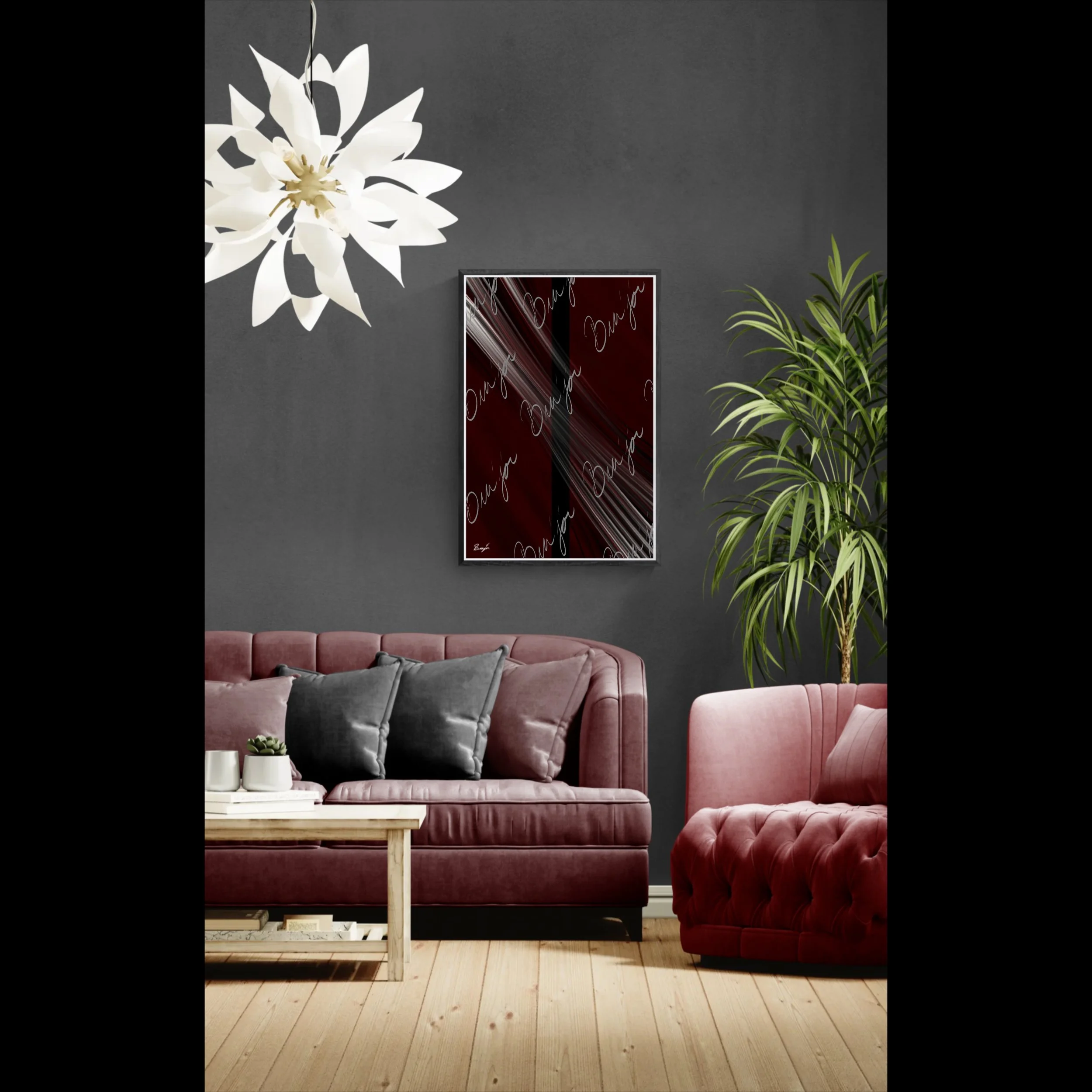 Framed abstract artwork titled Still Standing designed by the digital abstract artist Bra'jor. Artwork includes the colors Maroon, Red, Black, and White