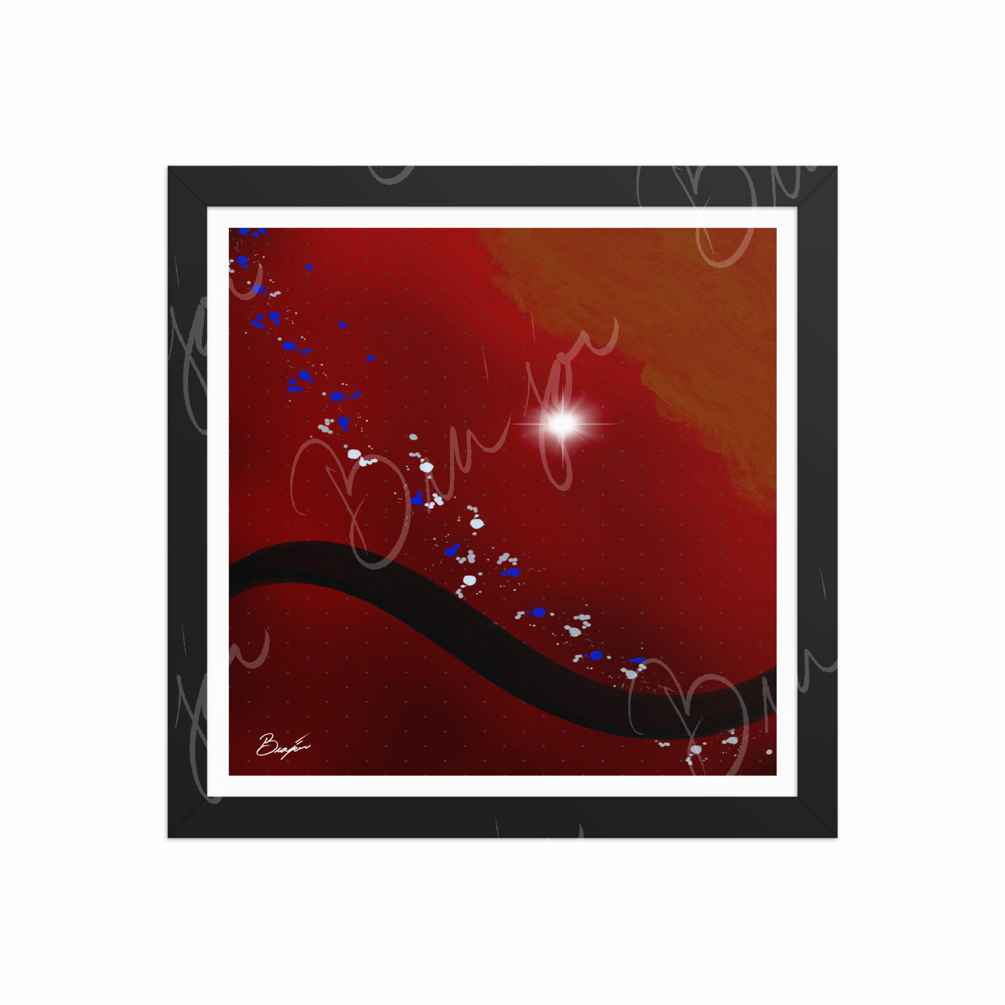 12x12 Black Framed Abstract artwork titled Take Your Place designed by the digital abstract artist Bra'jor. Artwork includes the colors Red, Yellow, Orange, Black, Gray, and White
