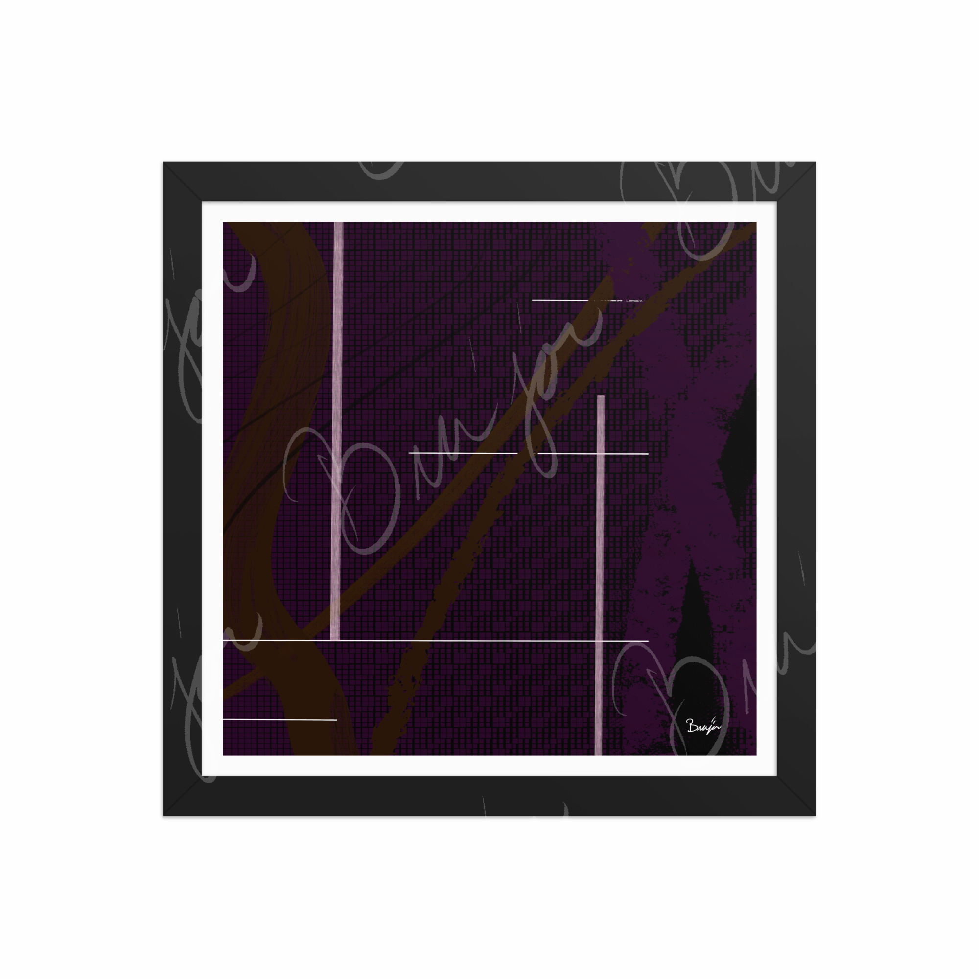 12x12 Black Framed Abstract artwork titled Out of the Box designed by the digital abstract artist Bra'jor. Artwork includes the colors Purple, Brown, Black, and White