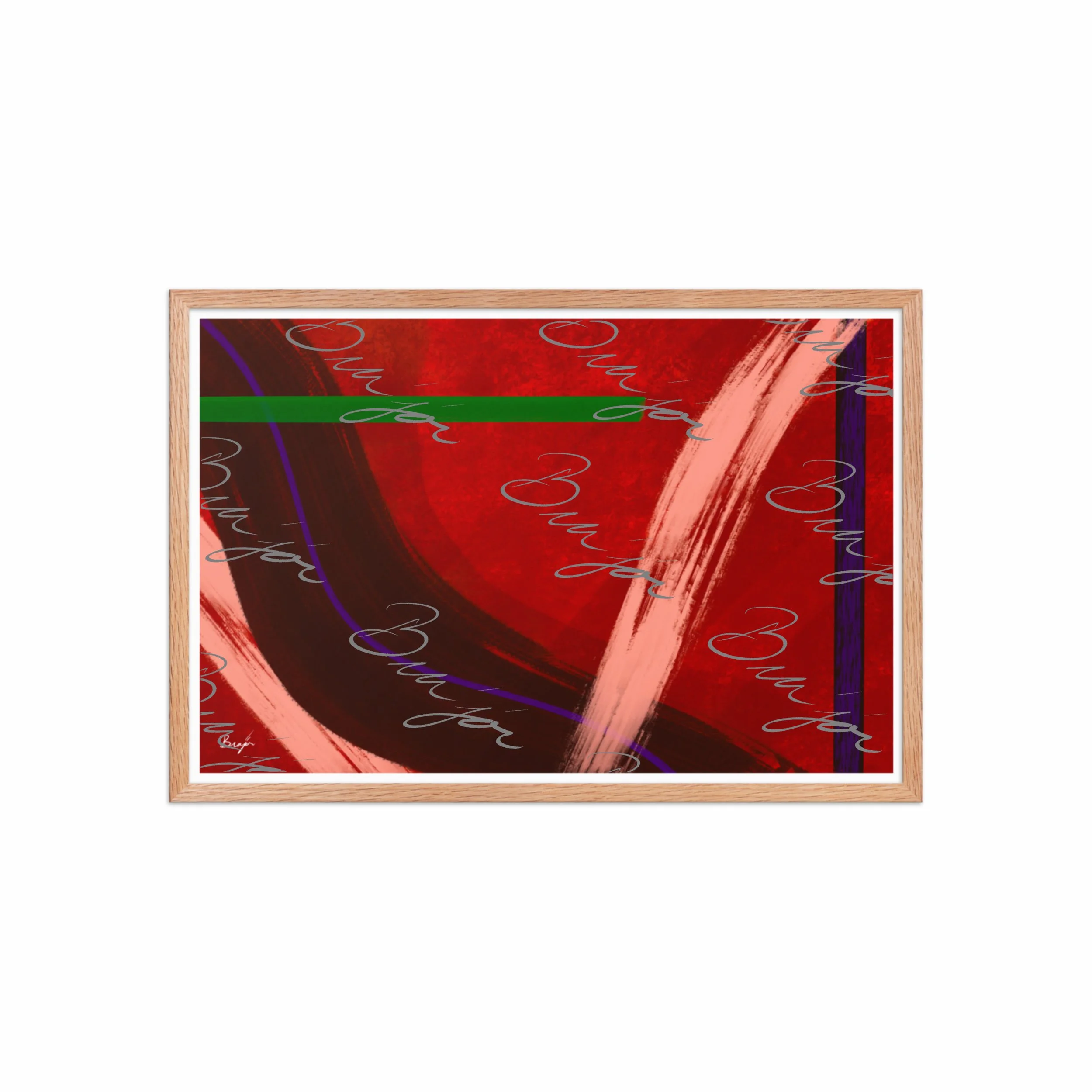 20x30 Red Oak Framed abstract artwork titled Feelings designed by the digital abstract artist Bra'jor. Artwork includes the colors Red, Orange, Purple, and Green