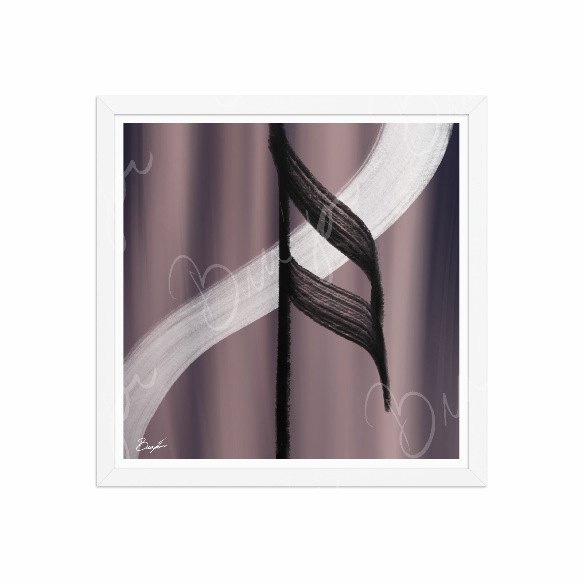 16x16 White Framed Abstract artwork titled A Beat designed by the digital abstract artist Bra'jor. Artwork includes the colors Black, White, Gray, violet, and Mauve