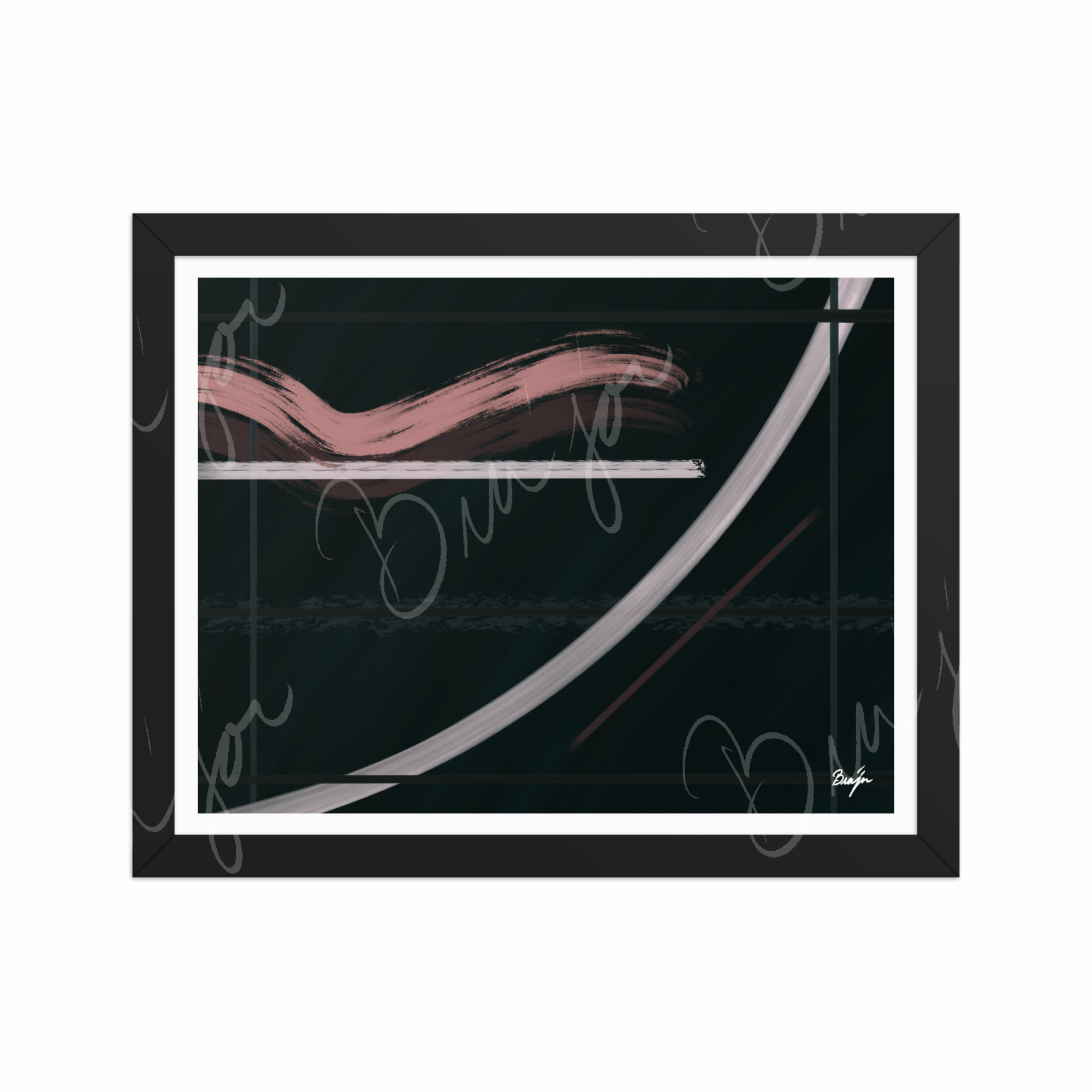 11x14 Black Framed Abstract artwork titled Together designed by the digital abstract artist Bra'jor. Artwork includes the colors Brown, Pink, Green, and White