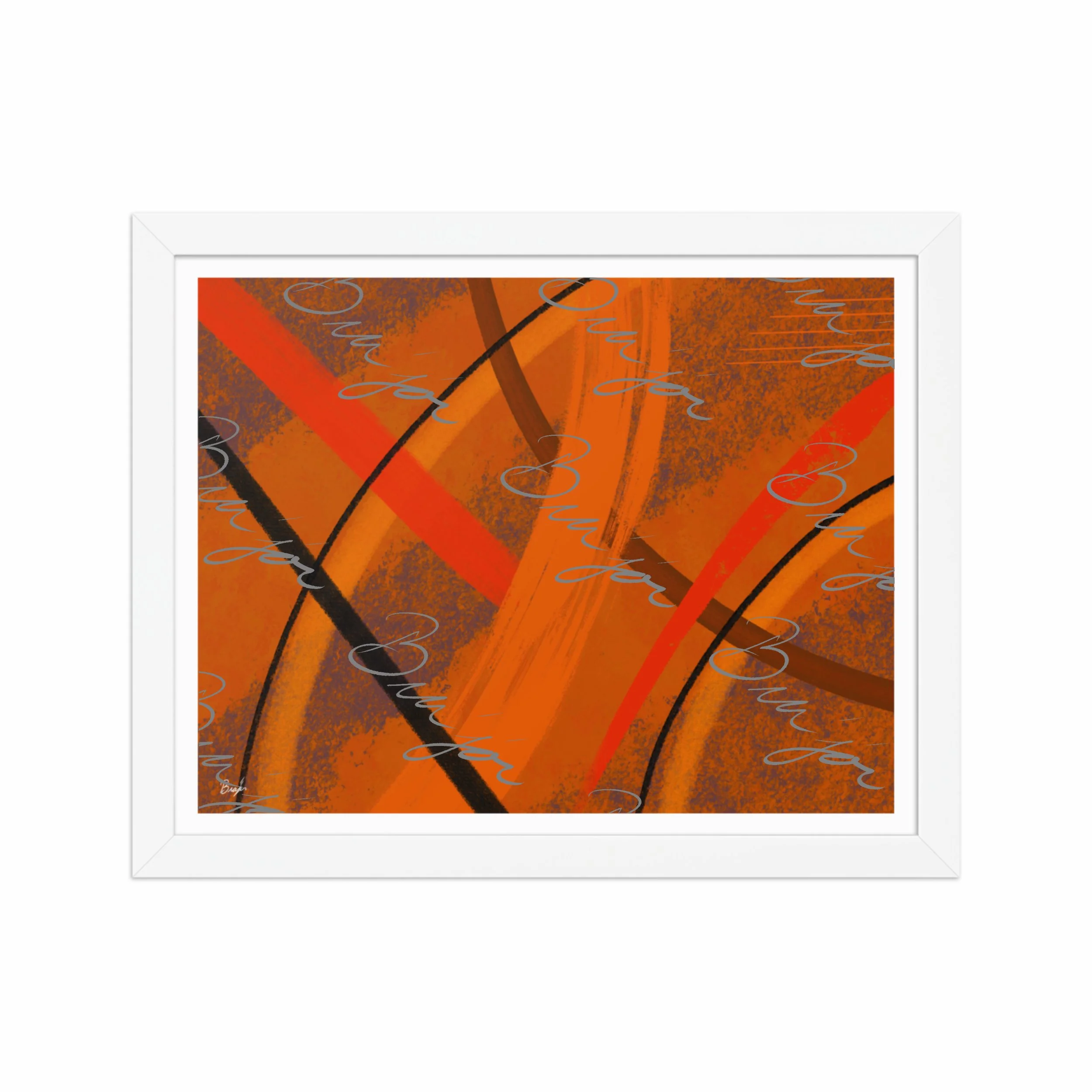 11x14 White Framed Abstract artwork titled Challenges designed by the digital abstract artist Bra'jor. Artwork includes the colors Orange, Brown, Blue, and Black