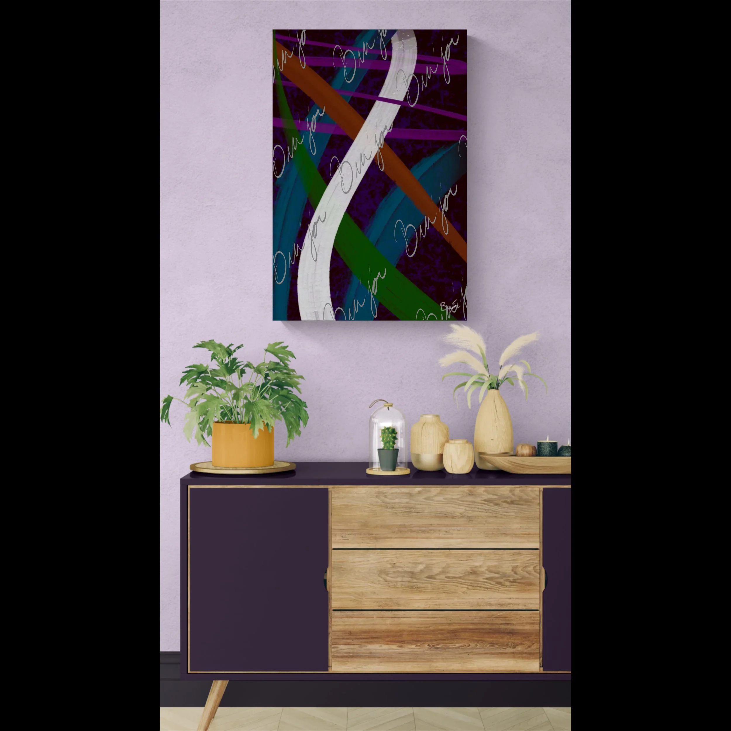 Canvas abstract artwork titled Adventures designed by the digital abstract artist Bra'jor. Artwork includes the colors Purple, Blue, Orange, and White