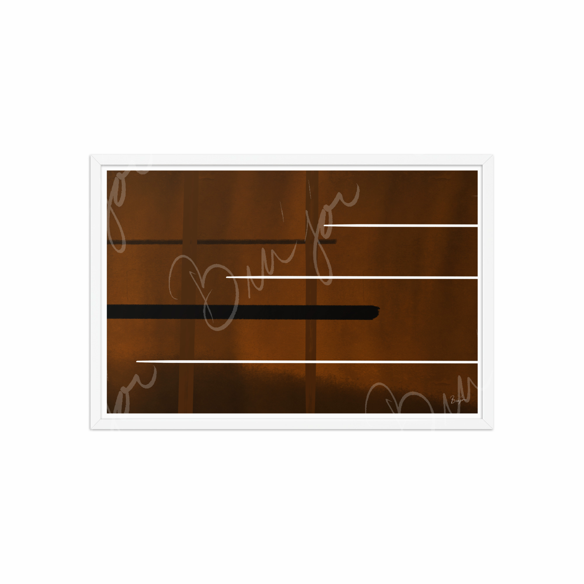 20x30 White Framed Abstract artwork titled Steps designed by the digital abstract artist Bra'jor. Artwork includes the colors Brown, Black, and White