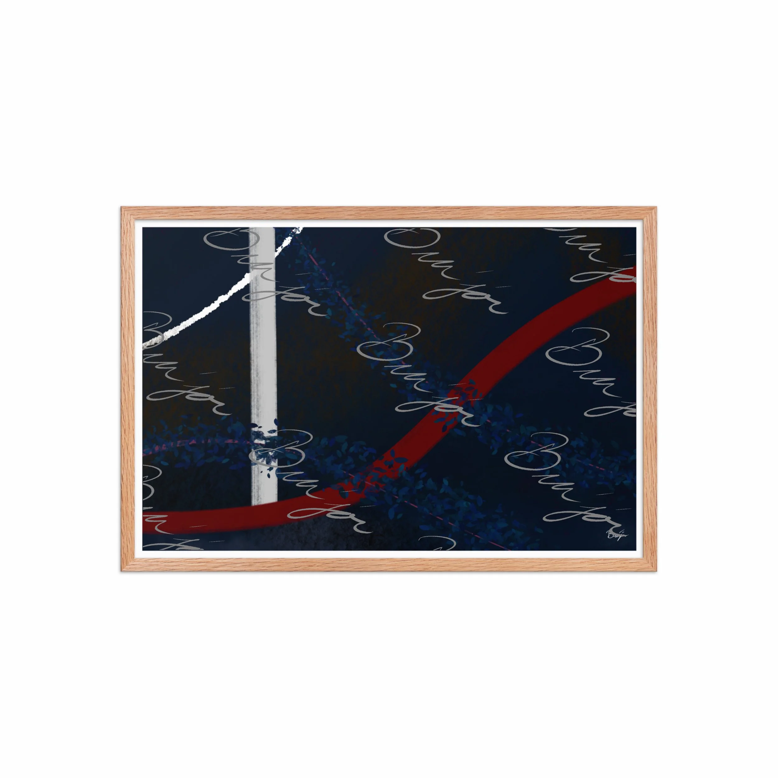 20x30 Red Oak Framed abstract artwork titled Gloomy II designed by the digital abstract artist Bra'jor. Artwork includes the colors Blue, Red, White, Pink, and Black