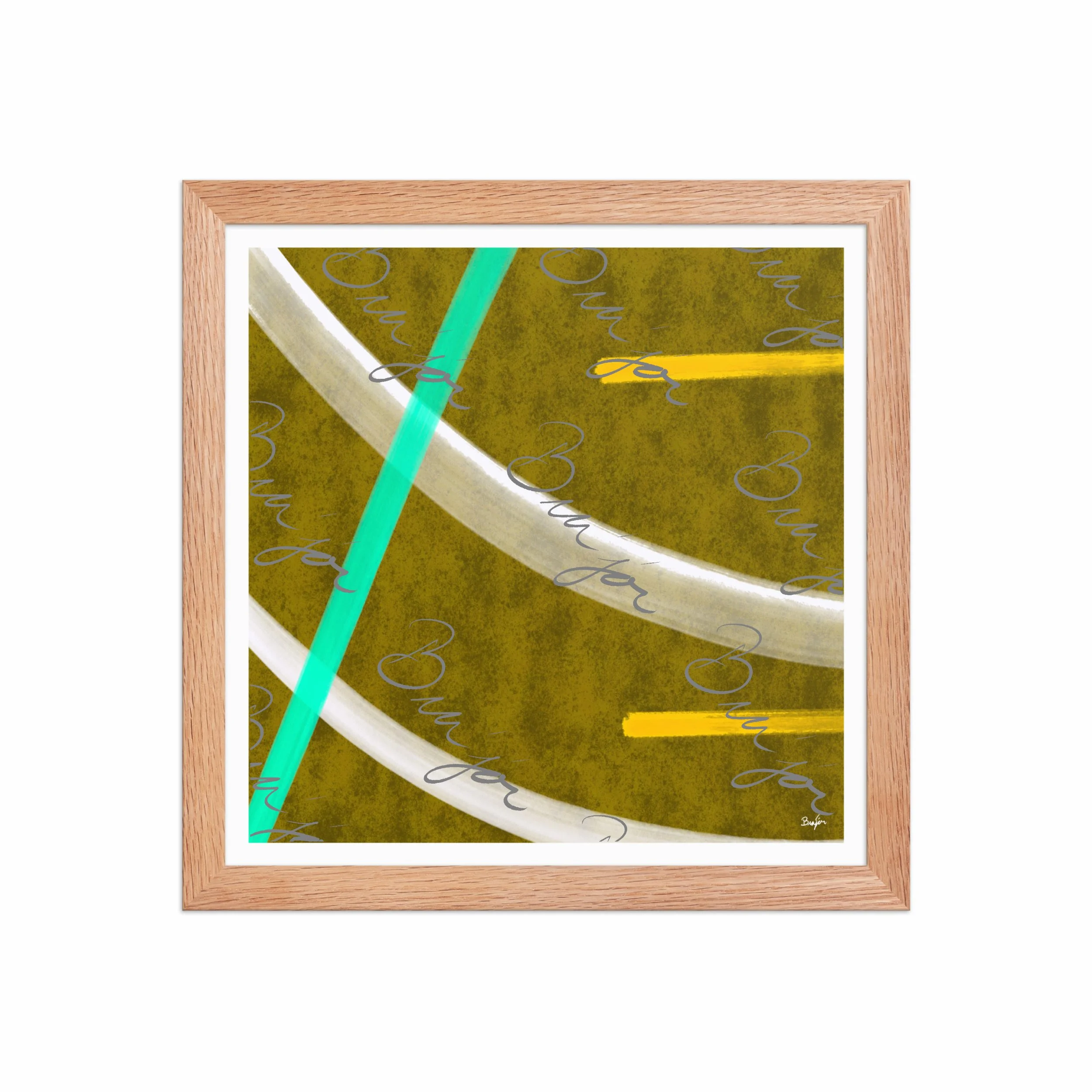 12x12 Red Oak Framed Abstract artwork titled Hushed designed by the digital abstract artist Bra'jor. Artwork includes the colors Orange, Yellow, White, and Blue