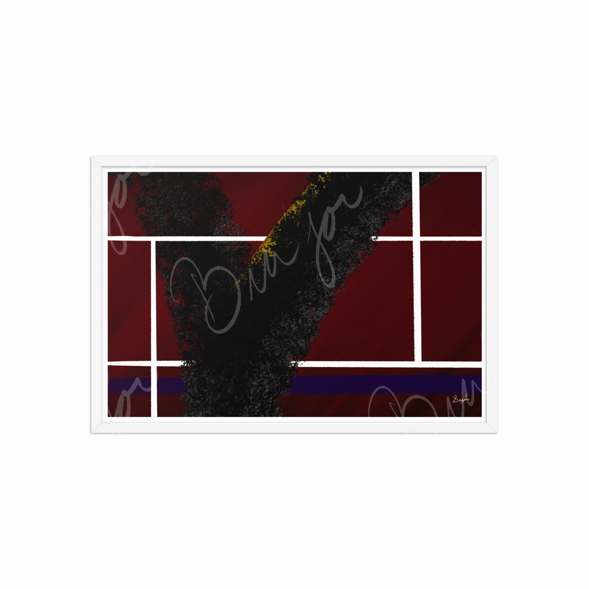 20x30 White Framed Abstract artwork titled Step Out designed by the digital abstract artist Bra'jor. Artwork includes the colors Red, White, Black, Yellow, and Blue