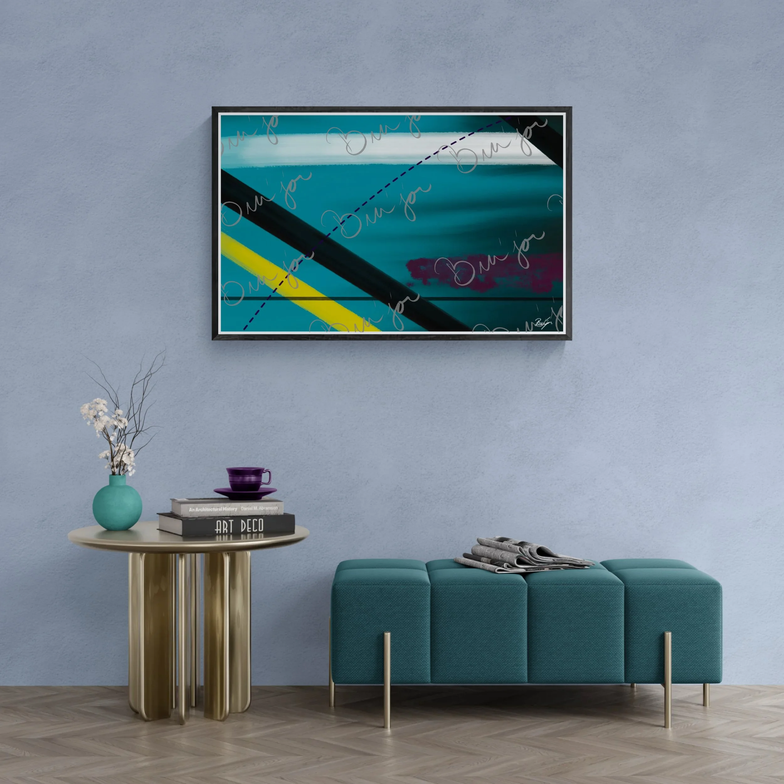Framed Abstract artwork titled First designed by the digital abstract artist Bra'jor. Artwork includes the colors Blue, Yellow, Black, Purple, and White