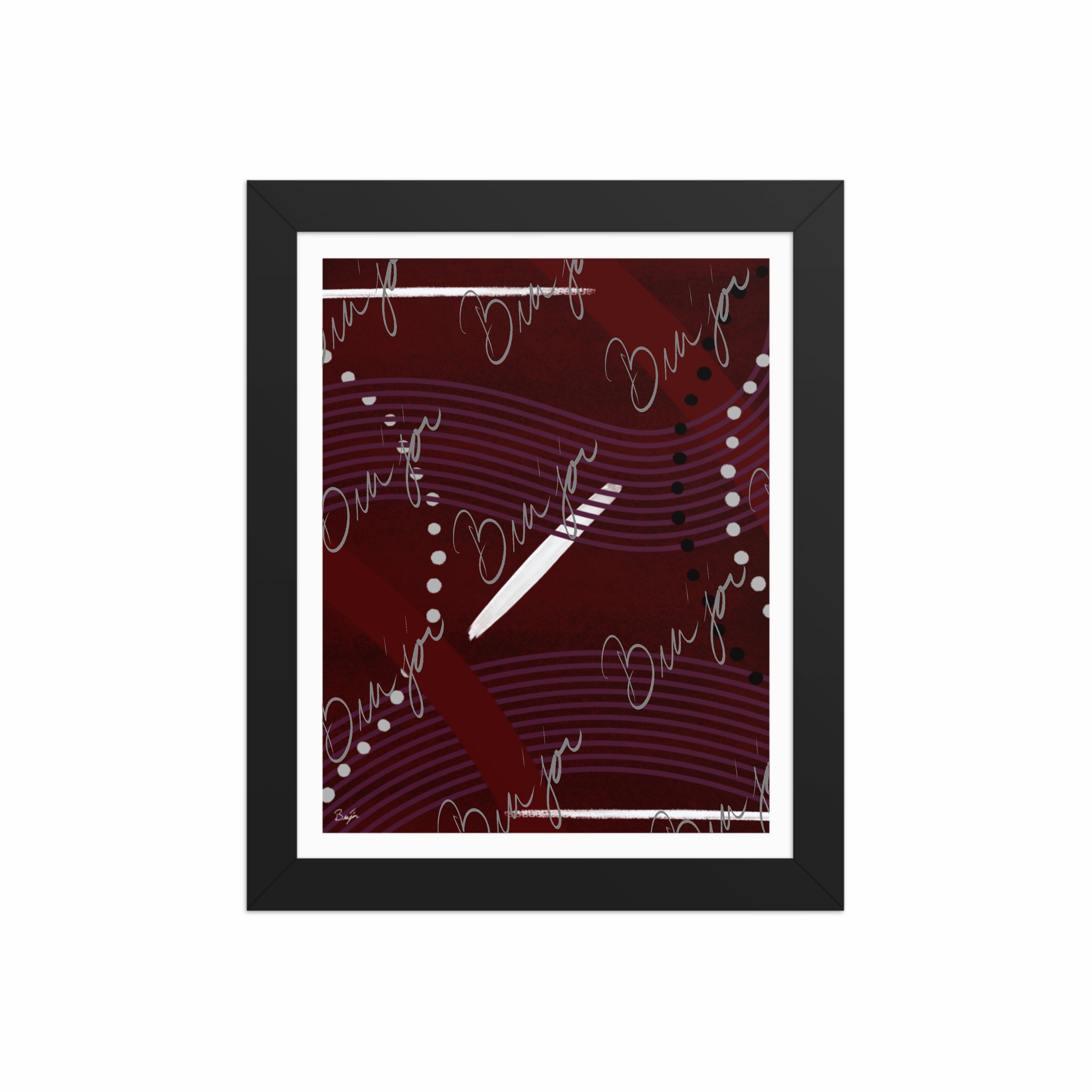 8x10 Black Framed Abstract artwork titled Memories designed by the digital abstract artist Bra'jor. Artwork includes the colors Black, White, Maroon, Purple, and Gray