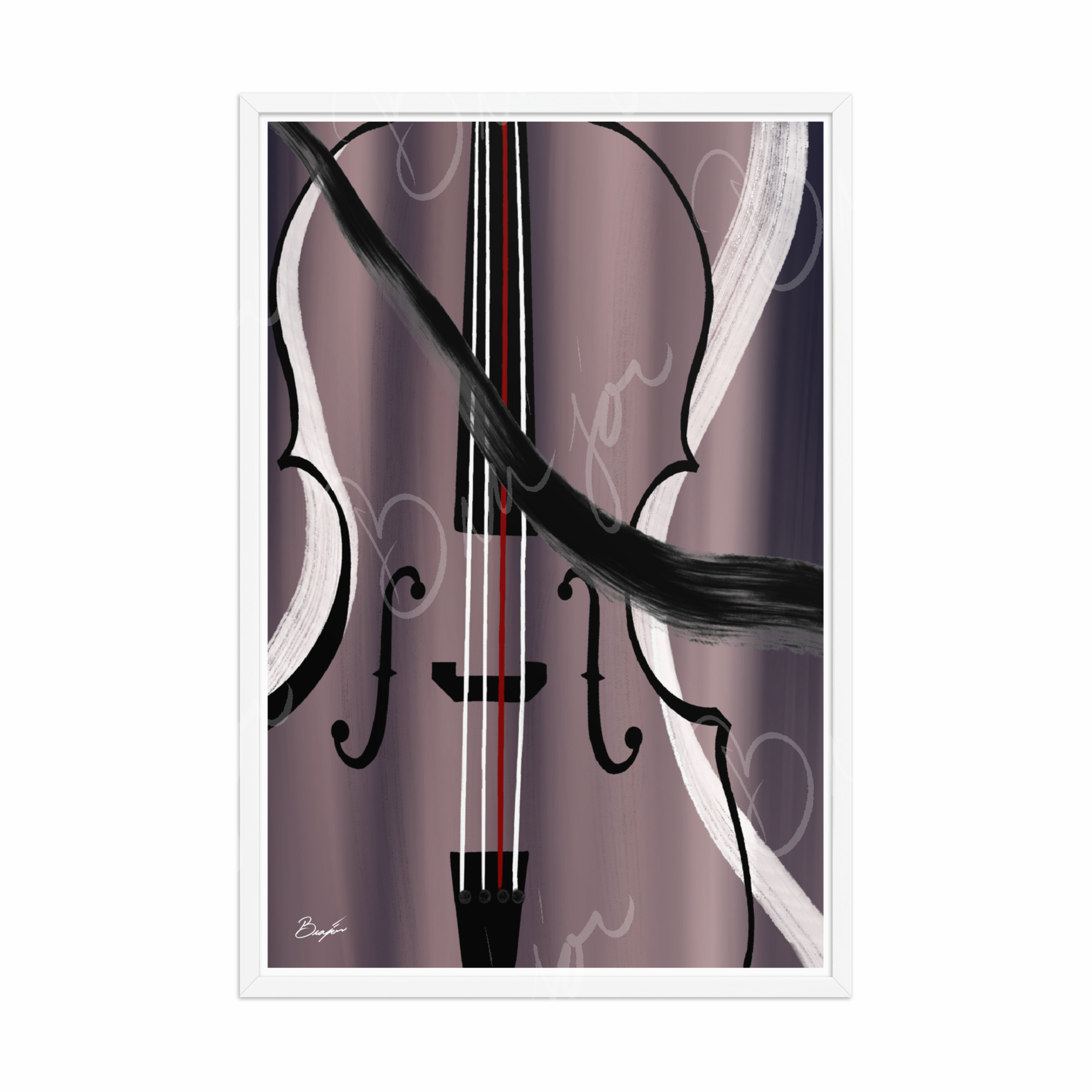 24x36 White Framed Abstract artwork titled First Love designed by the digital abstract artist Bra'jor. Artwork includes the colors Black, White, Gray, violet, Mauve, and Red