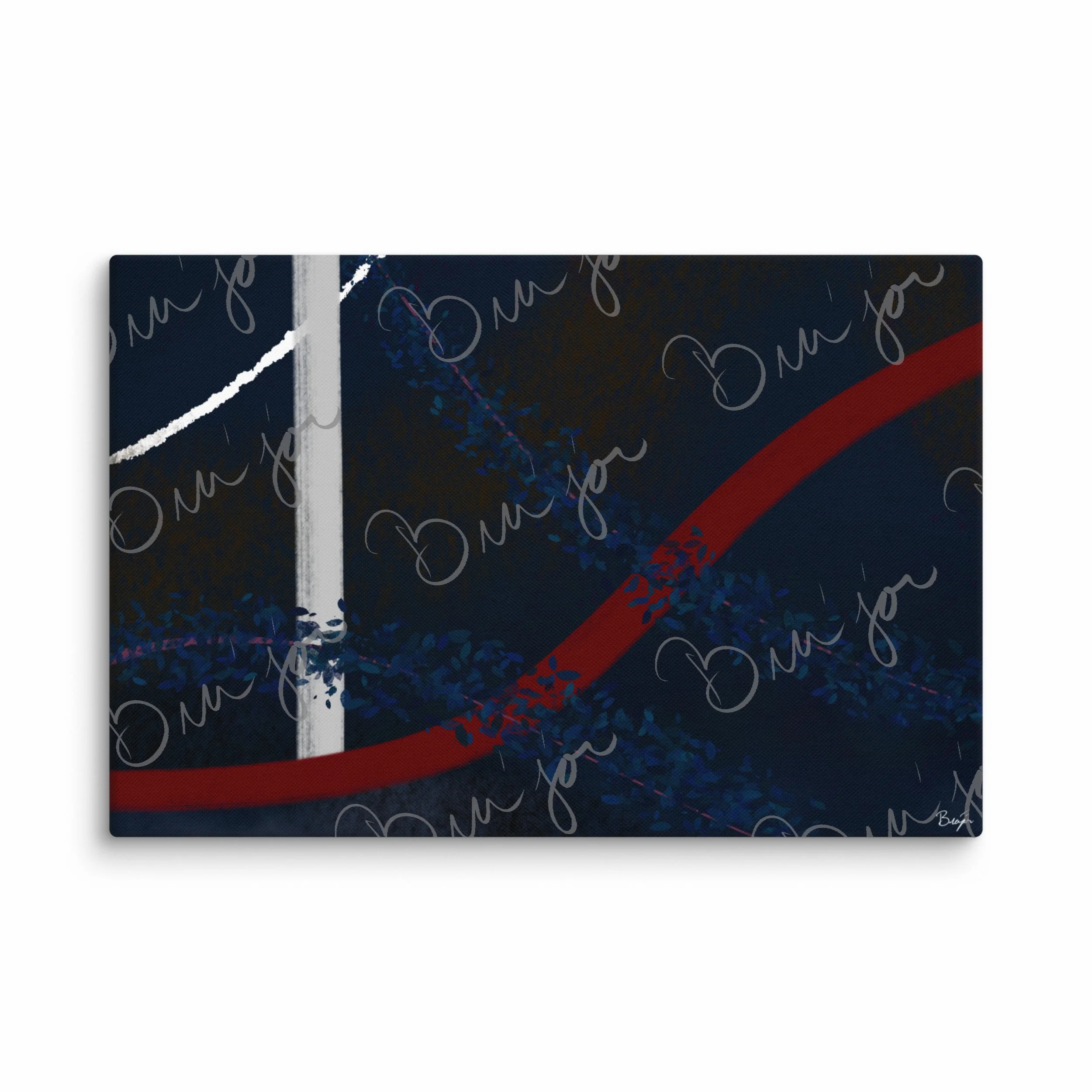 24x36 Canvas abstract artwork titled Gloomy II designed by the digital abstract artist Bra'jor. Artwork includes the colors Blue, Red, White, Pink, and Black